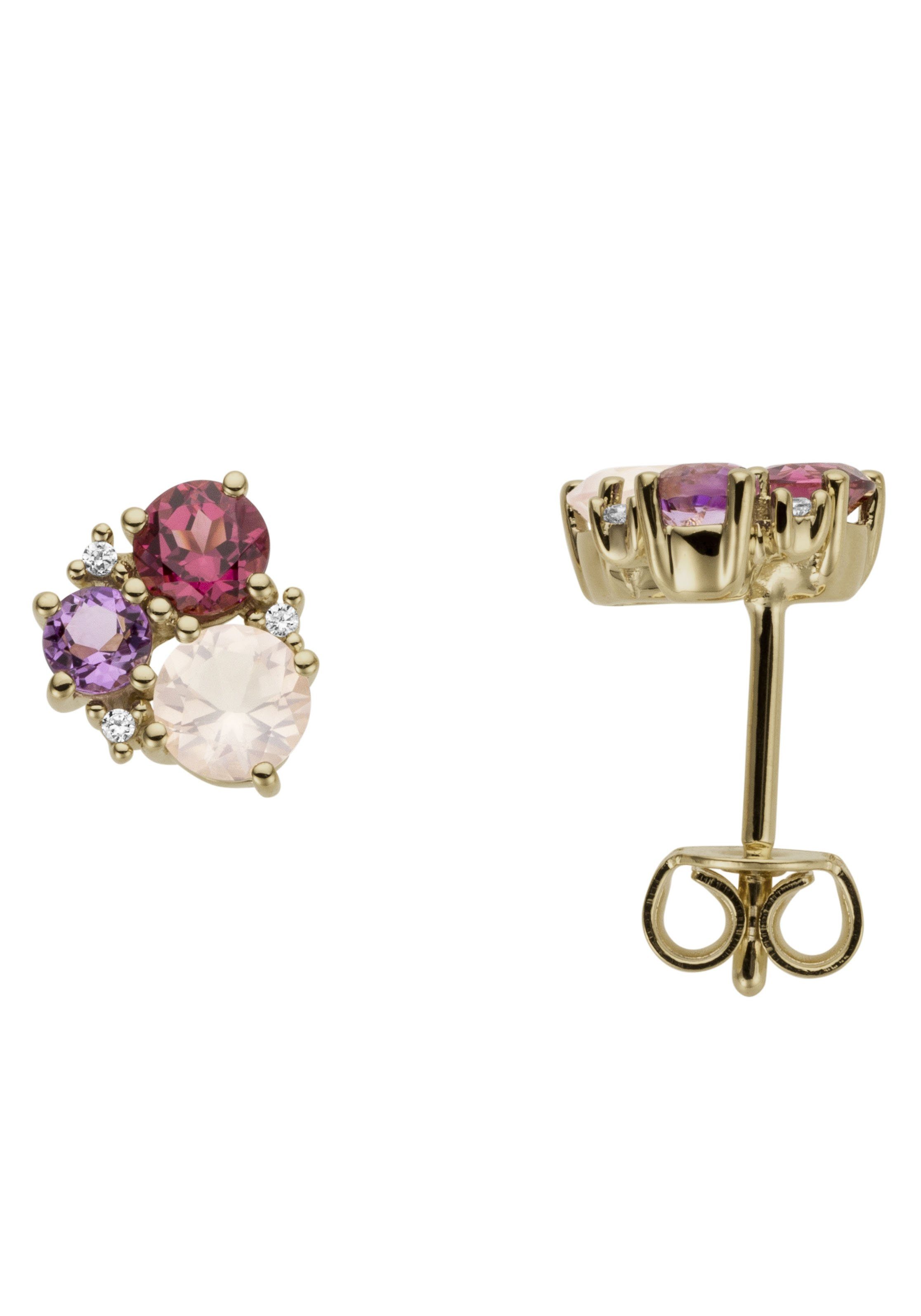 Firetti Paar Ohrstecker Schmuck Geschenk Gold 333 Ohrschmuck Ohrschmuck Farbstein, mit Amethyst, Pink Rhodolit, Rosenquarz - mit Brillant
