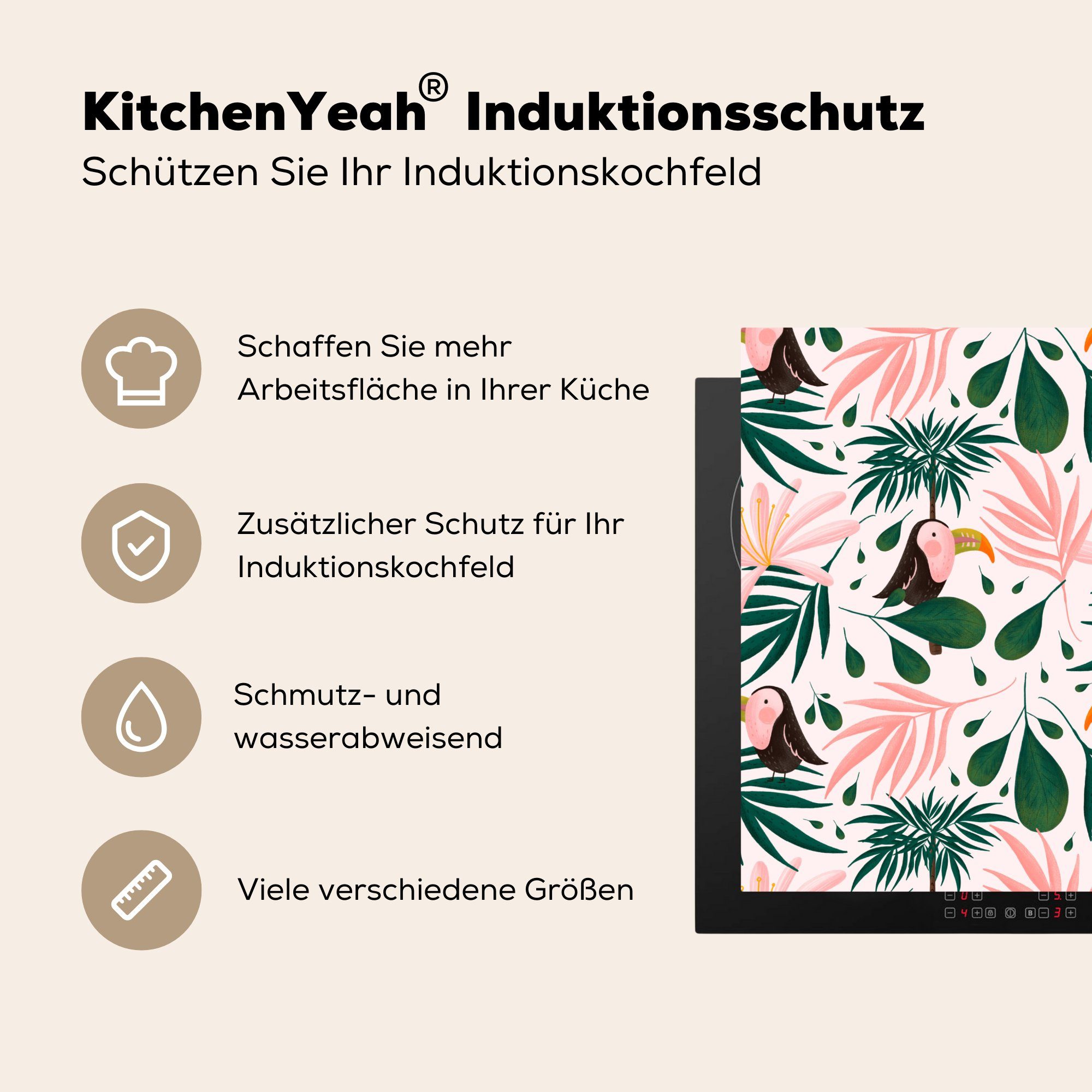 Arbeitsplatte Tukan Ceranfeldabdeckung, tlg), cm, für - Vinyl, Blätter Rosa, Herdblende-/Abdeckplatte küche MuchoWow (1 - 78x78