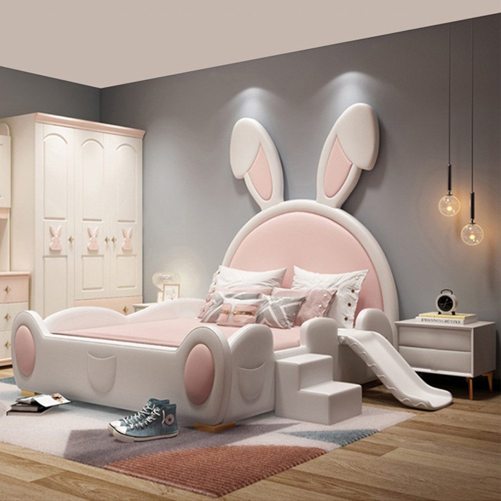 Muxing Kinderbett Hasenohren mit Rutsche und Treppe (1-tlg), 120×190cm, rosa+weiß