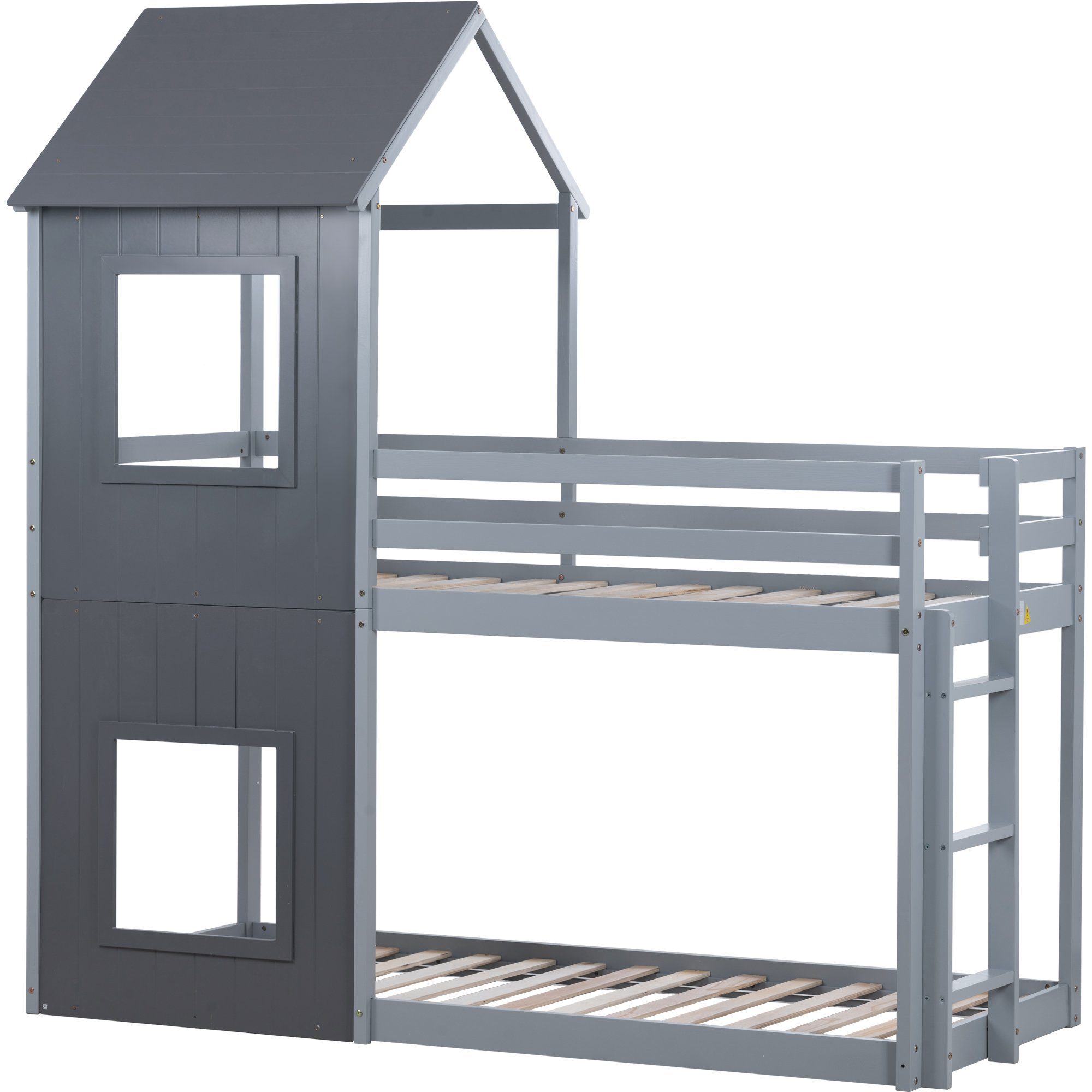 Etagenbett, Hochbett mit 2 Schlafgelegenheiten, Hausbett Kinderbett mit Treppe und Lattenrost, 200x90cm, Kiefer