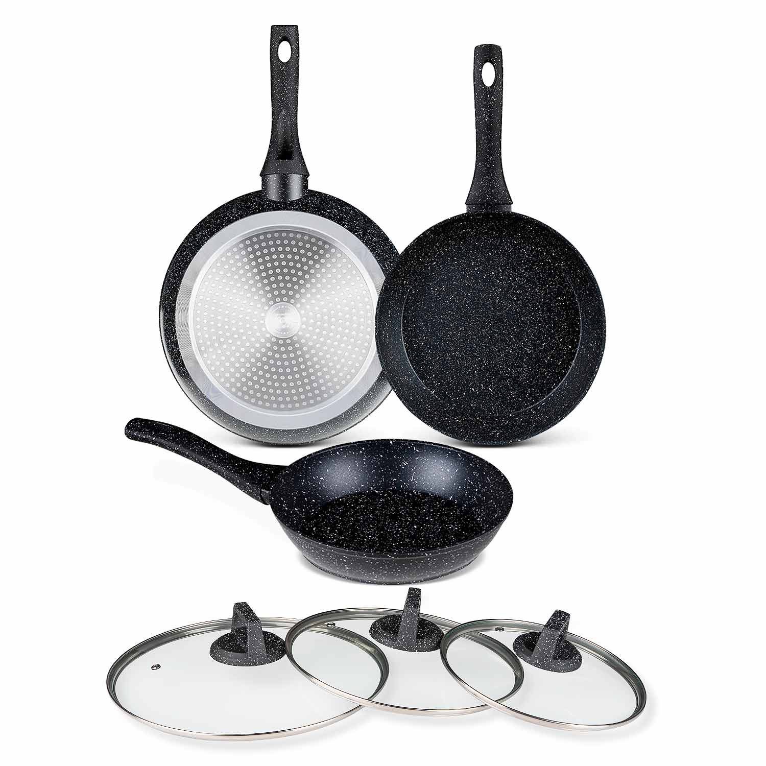BEM Pfannen-Set Pfannen mit Glasdeckeln (20, 24, 28 cm), Aluminium und Antihaftbeschichtung (Set, 6-tlg., komfortable und hitzebeständige Griffe), für alle Herd – Bild 2 von 5