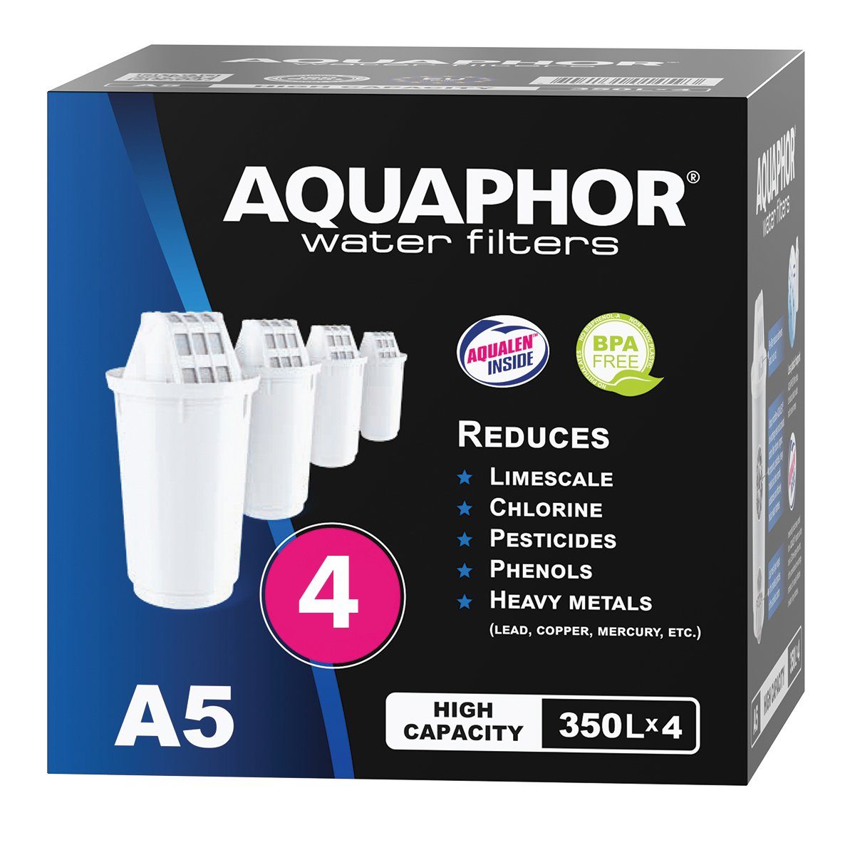 AQUAPHOR Kalk- und Wasserfilter A5 Pack 4 Filterkartuschen, Bis zu 350 l. Kapazität, Zubehör für Tischwasserfilter Provence, Smile, Prestige, AQUALEN Technologie