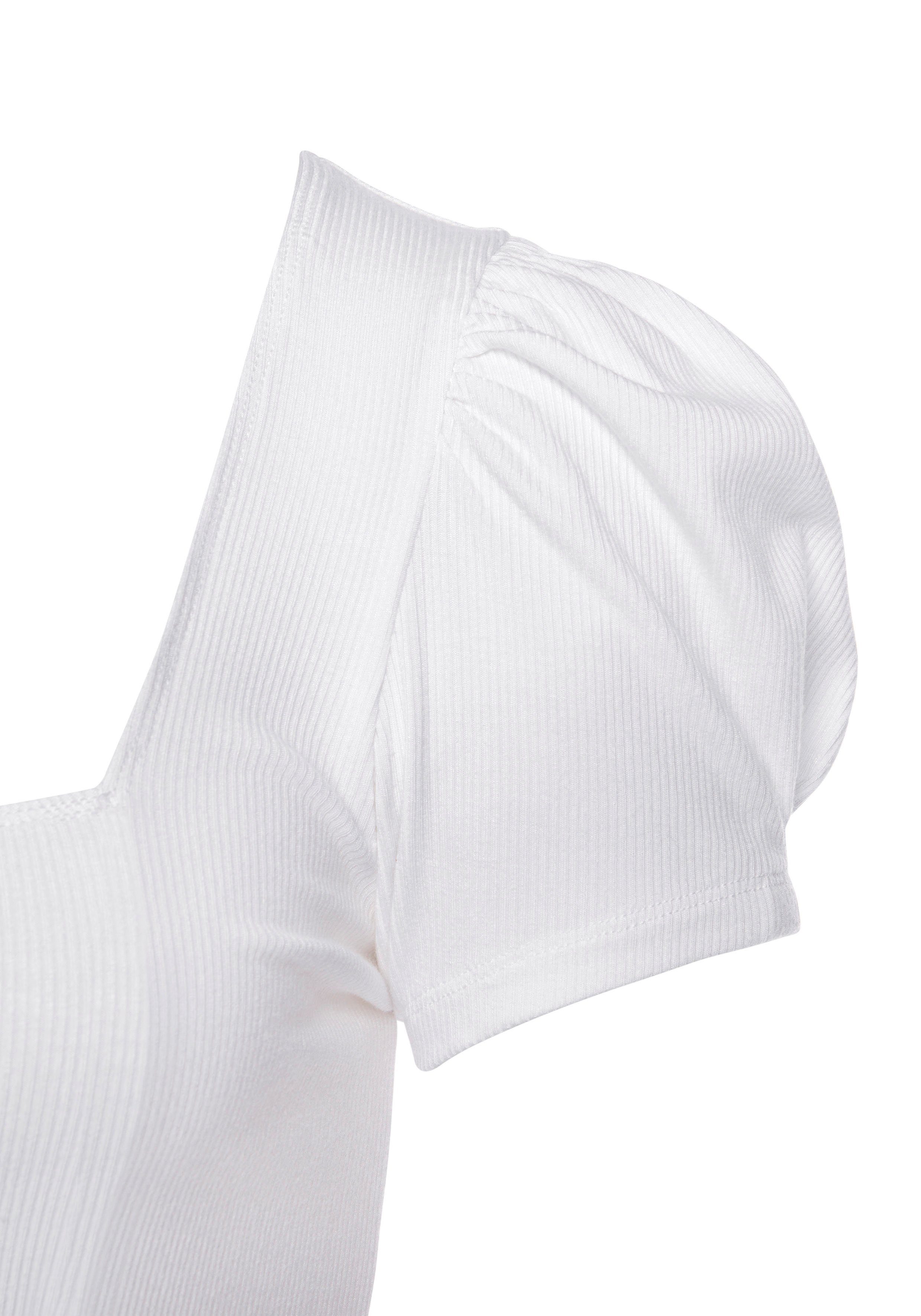LASCANA Kurzarmshirt aus gerippter Ware mit schmaler Passform T-Shirt mit leichten Puffärmeln, Rippshirt, Carré-Shirt, casual – Bild 5 von 5