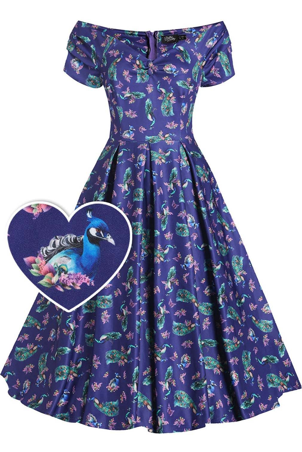 Dolly and Dotty A-Linien-Kleid Lily Purple Peacocks Off-Shoulder Vintage Retro