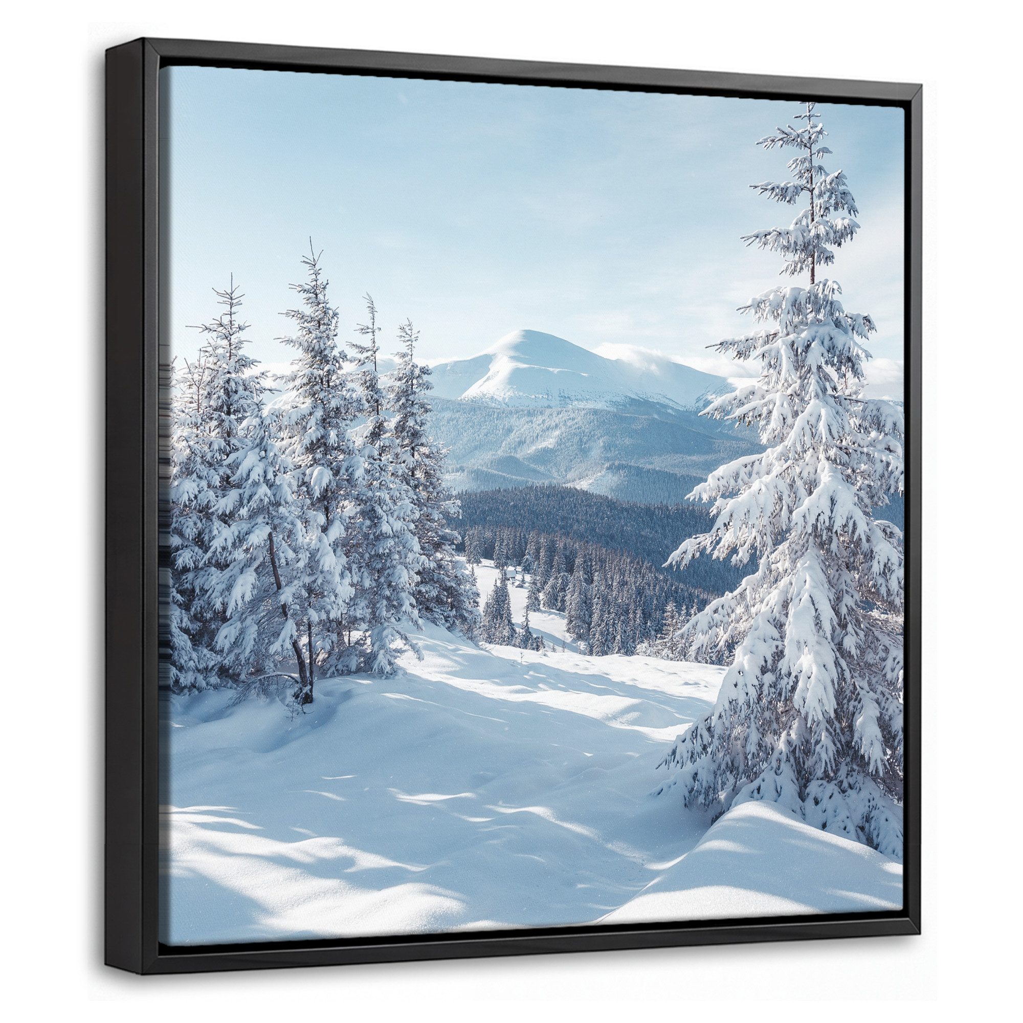 OneMillionCanvasses® Leinwandbild mit Rahmen - Winterlandschaft - Natur - Berge - Bäume - Schnee, Fotodruck (1 St), Leinwand Bilder Klein, Wand Dekoration Aesthetic 20x20cm