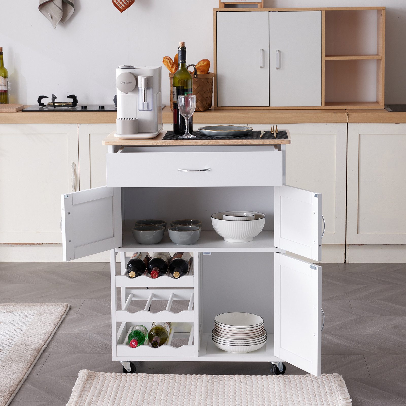 VINGLI Küchenwagen Servierwagen mit Arbeitsplatte, Schubladen, Weinregal günstig online kaufen