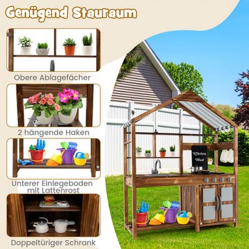 COSTWAY Outdoor-Spielküche, Kinderküche aus Massivholz, mit Vordach