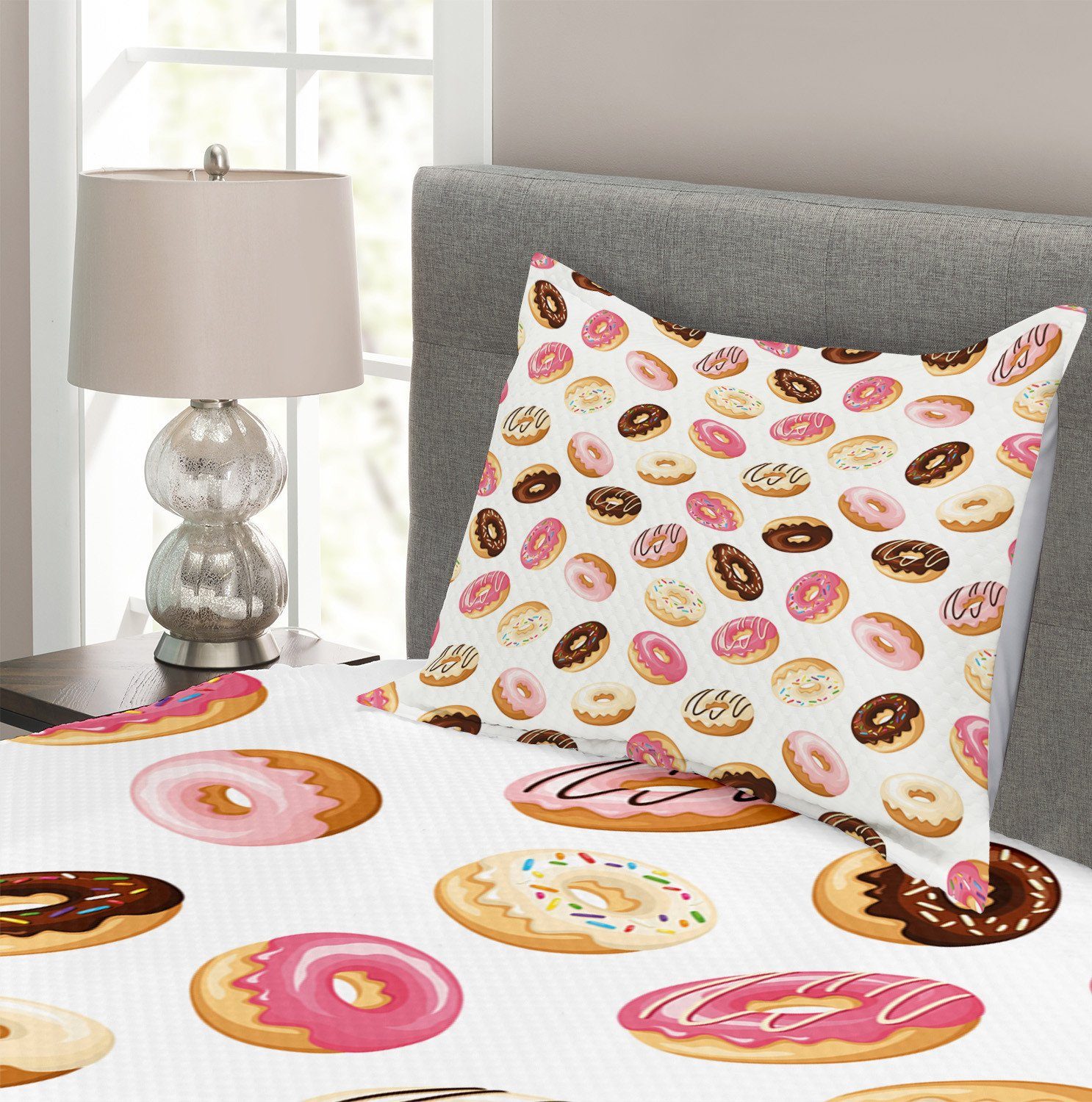 Essen Tagesdecke Set Abakuhaus, Waschbar, Donuts Amerikanisches Dessert Kissenbezügen mit