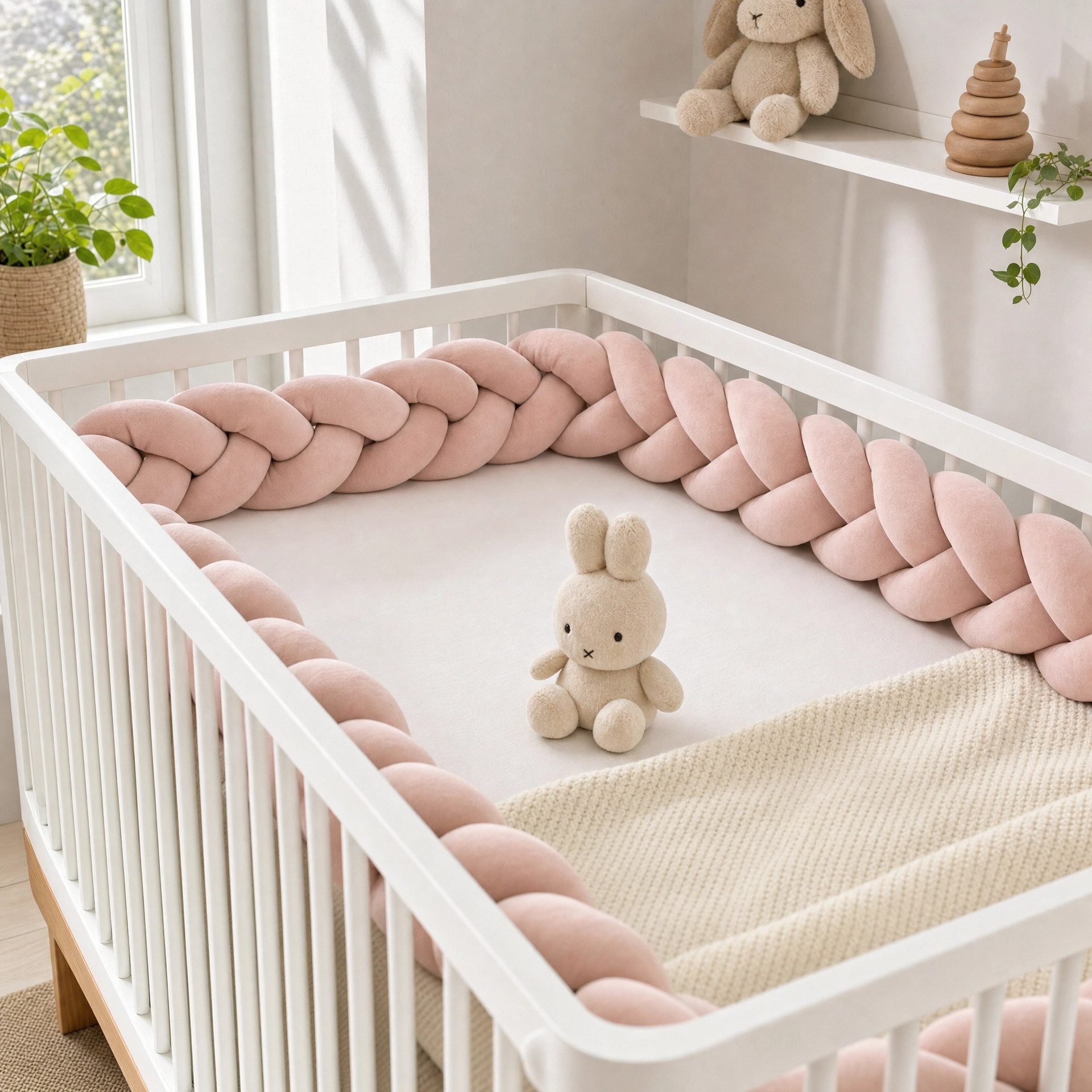 LuMali Nestchenschlange Bettschlange geflochten 210cm Nestchen Bettumrandung Babybett Zopf, Stillkissen Seitenschläfer Velour weich hypoallergen Pastellfarben