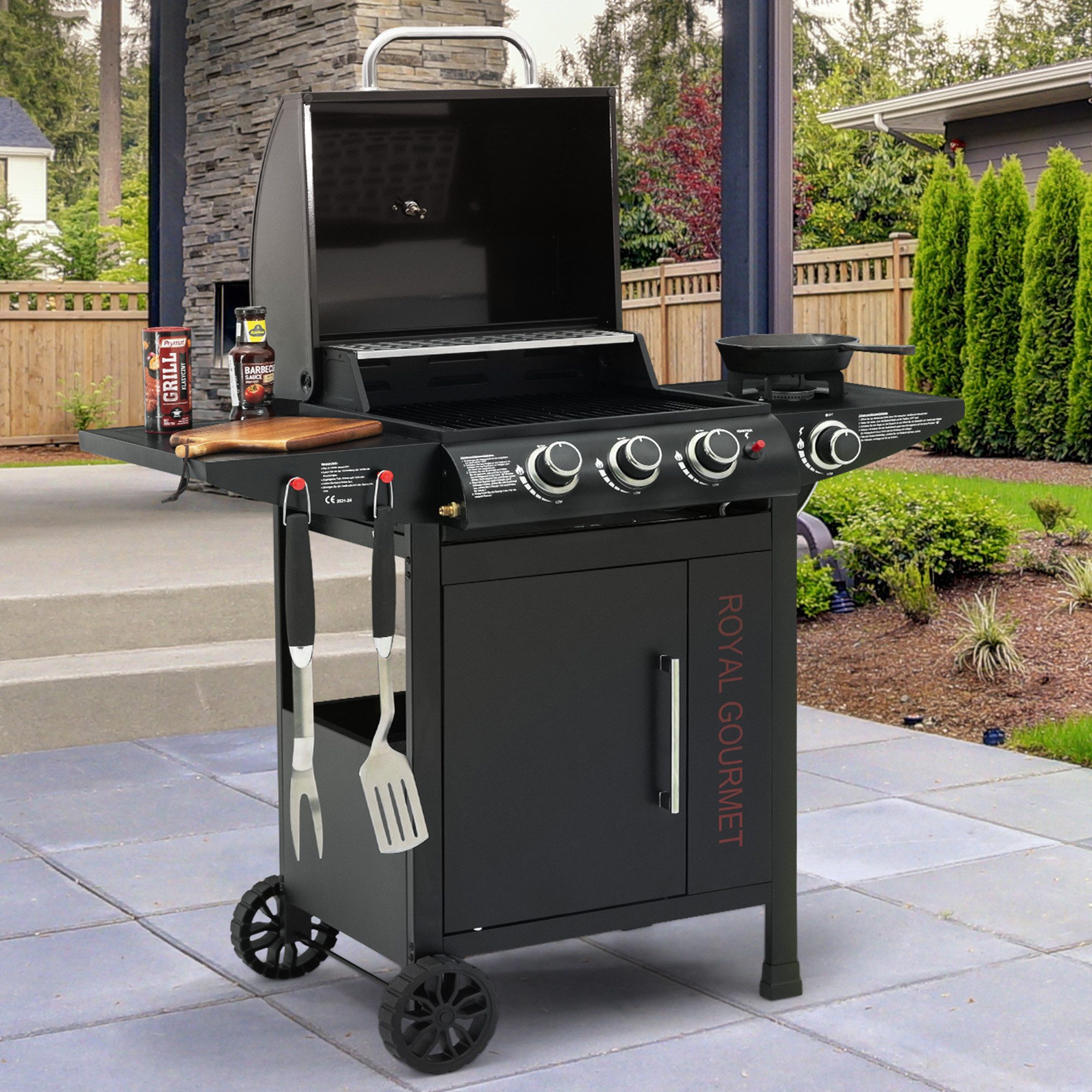 Royal Gourmet Gasgrill mit 3+1 Brennern, 11,5 kW Leistung, Rollwagen-Design mit Thermometer, Tablett, 2 Rollen & Tür, ideal für Garten