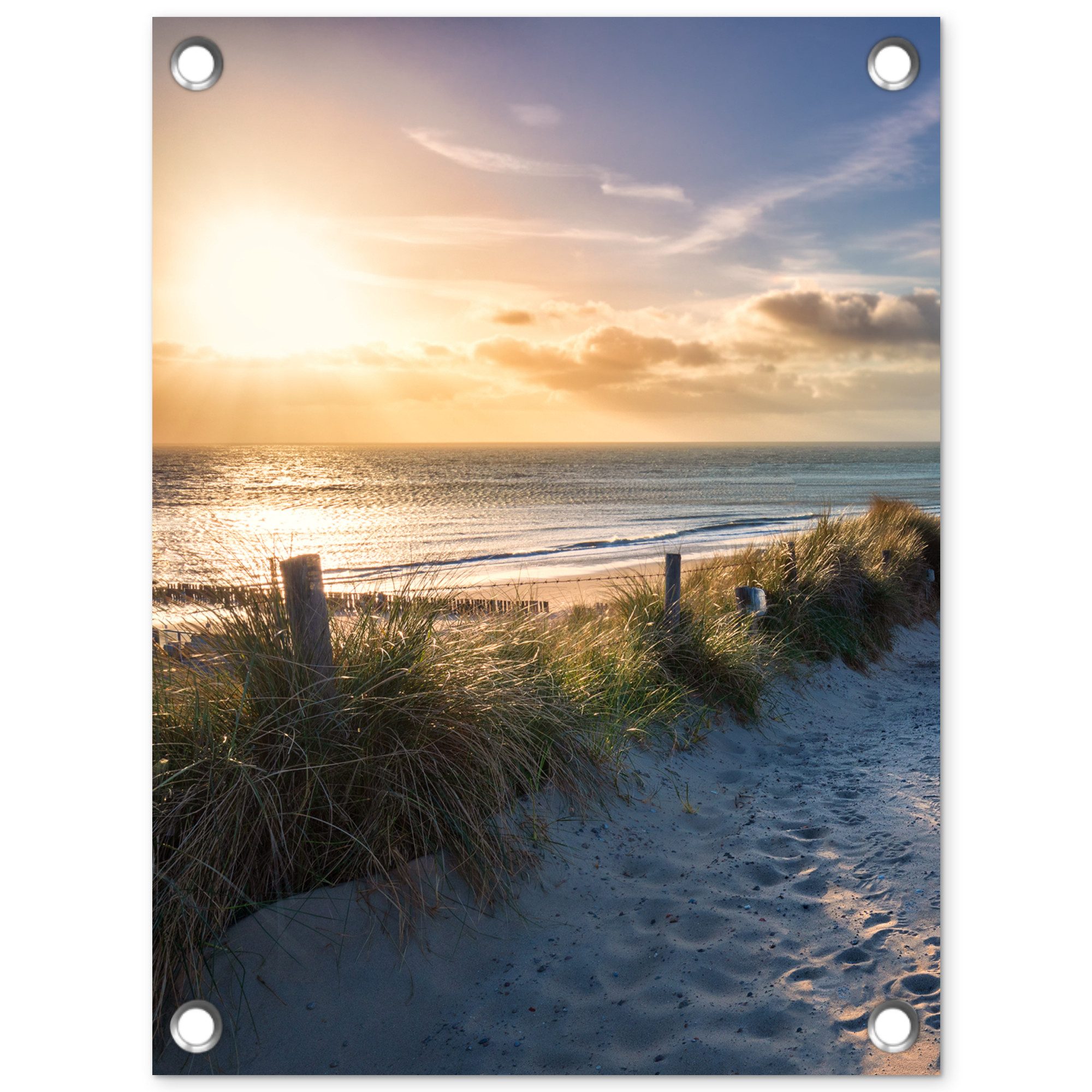 OnlyWow Poster für Garten Sonnenuntergang - Strand - Düne - Gras - Bank, Gartenposter, Outdoor Bilder, Gartendeko für draußen, 30x40 cm