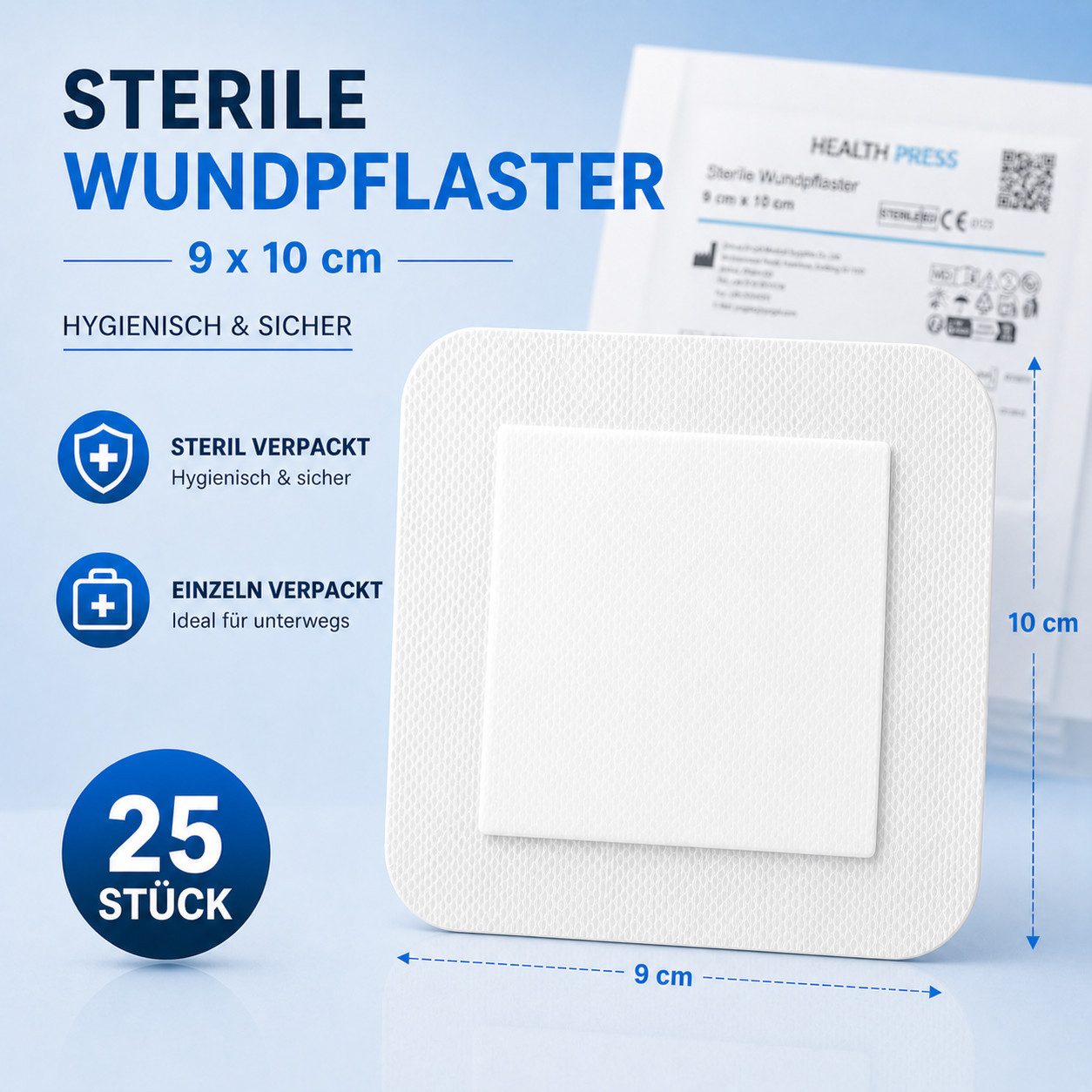 Health Press Wundpflaster steril - große Pflaster zur Wundversorgung (25 St., 50 Stück 6x7cm, 25 Stück 9x10cm, 25 Stück 9x15cm), Derma-Test: SEHR GUT