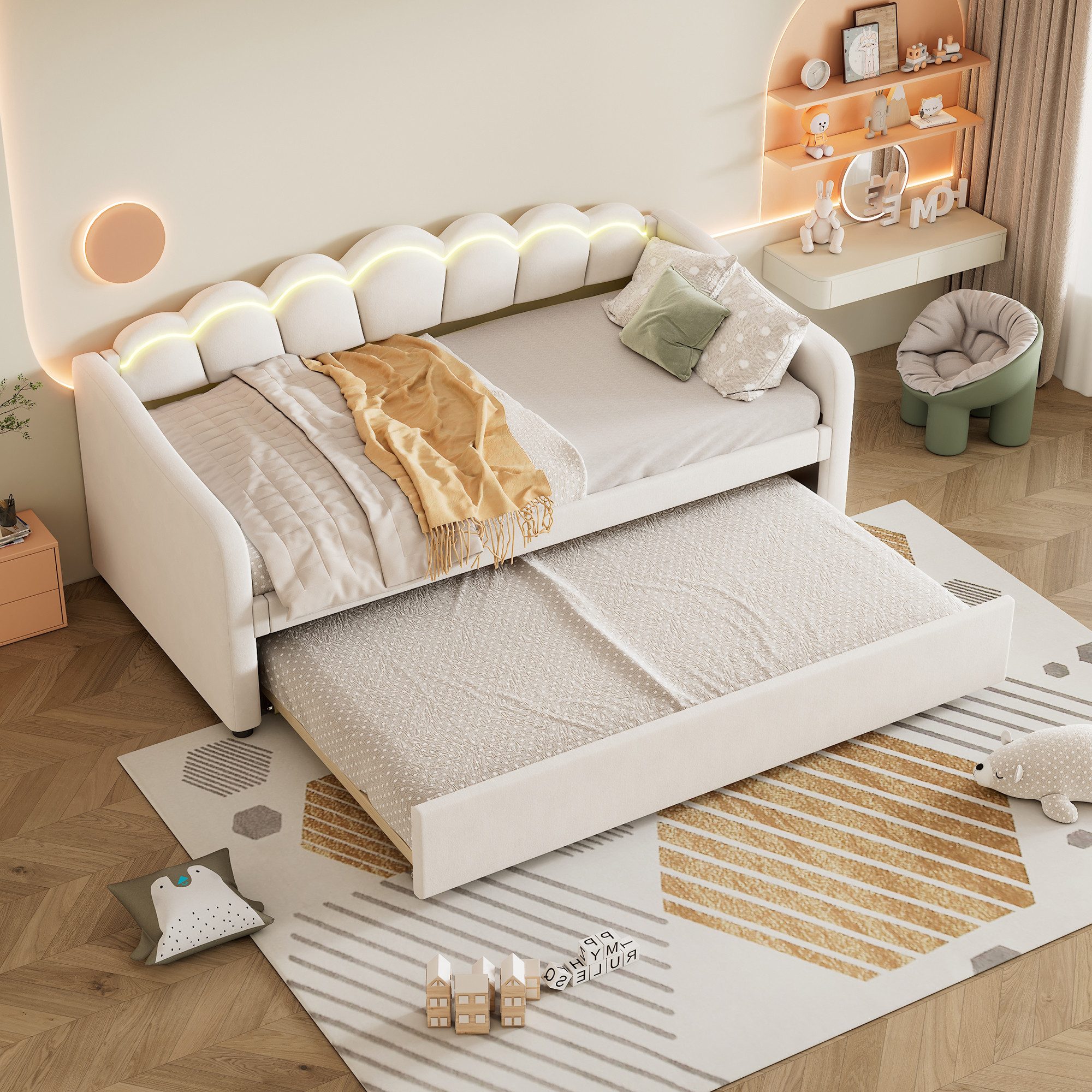 Merax Daybett 90x200cm mit Ausziehbett 90x190cm (1 tlg), Samt Polsterbett Schlafsofa Kinderbett Tagesbett mit LED-Streifen – Bild 3 von 5