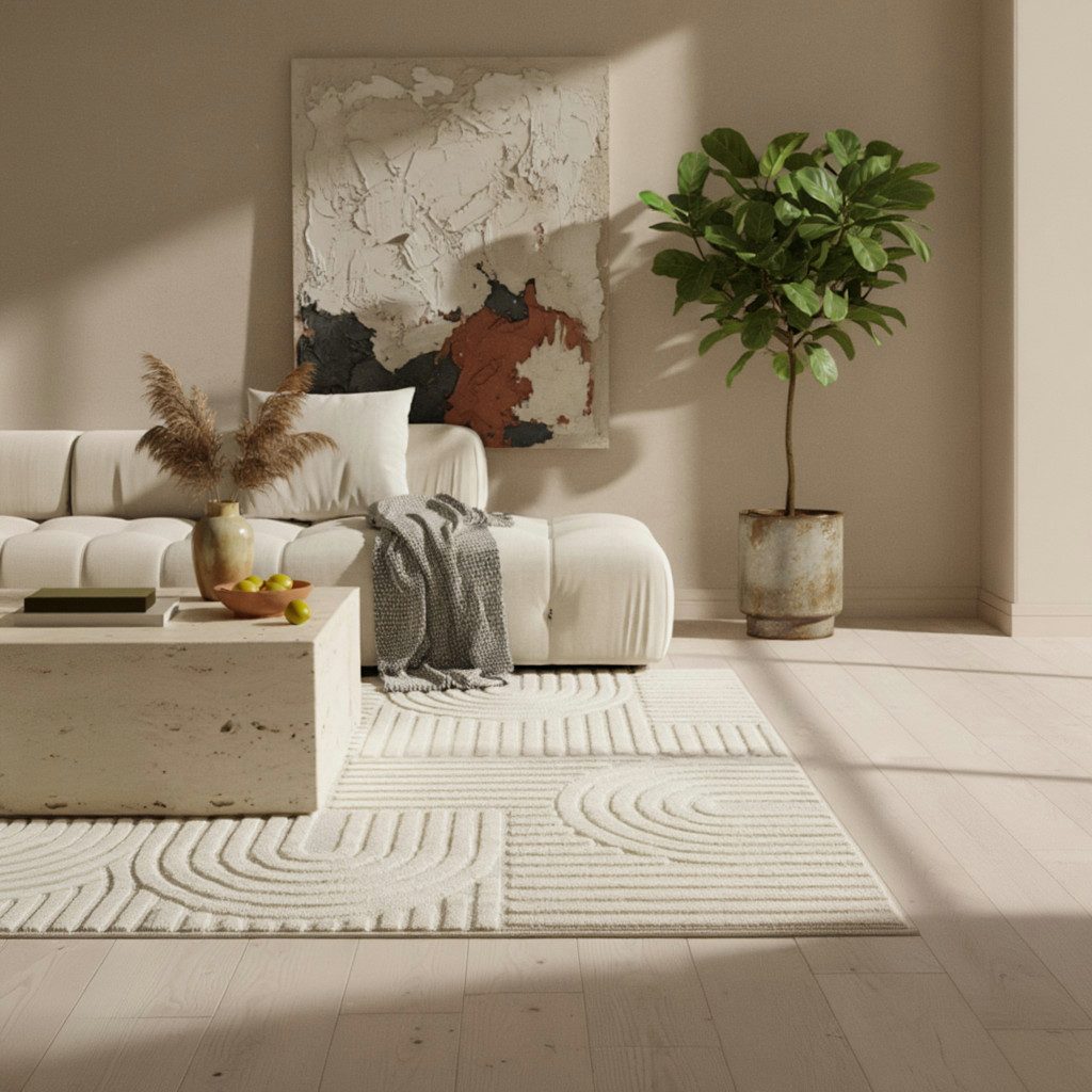 KADIMA DESIGN Teppich RIGI Hoch-Tief 3D-Effekt Wohnzimmer Schlafzimmer Waschbar Boho, Rund, Höhe: 10 mm, Creme, 80x80 cm, Wohnzimmerteppich Strapazierfähig Wasc – Bild 5 von 5