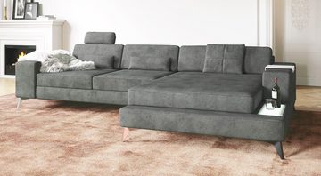 BULLHOFF Ecksofa Designsofa Eckcouch Ecksofa »MÜNCHEN IV« Wohnlandschaft L-Form Sofa LED Couch grau anthrazit samt alcantara XXL Ottomane