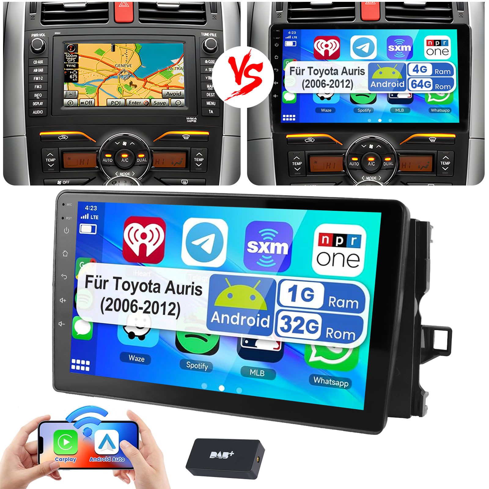 ESSGOO 64G DAB+ 9" Android 15 Für Toyota Auris 2006-2012 Carplay GPS WIFI BT Navigationsgerät (GPS Navi Apple Carplay & Android Auto,Bluetooth 4.1)
