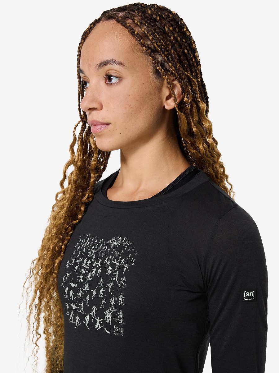 SUPER.NATURAL Langarmshirt für Damen, Merino W FREE SKI TICKETS LS mit Ski-Motiv, atmungsaktiv