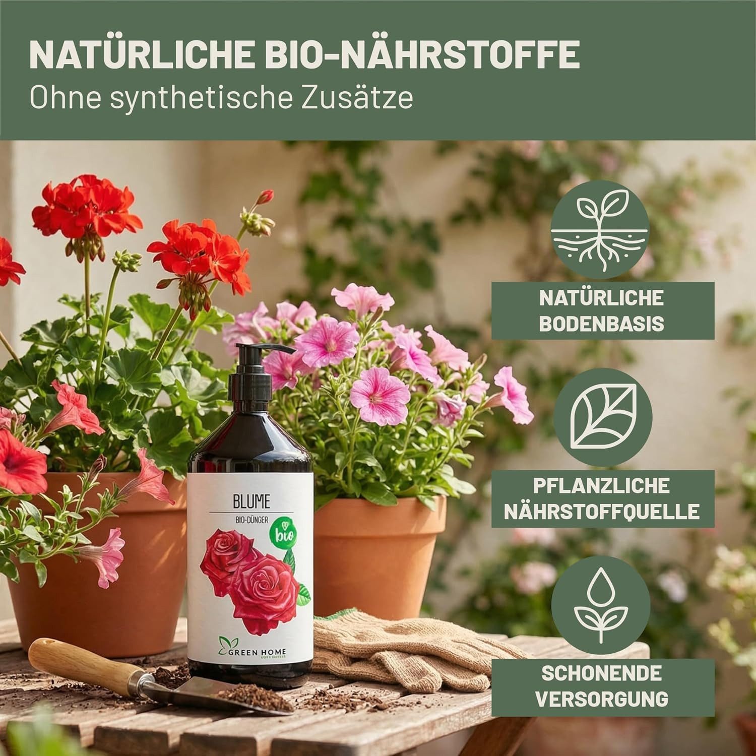 GREEN HOME LOVE NATURE Blumendünger Bio-Dünger flüssig NPK 3+2+6 für Blüh- & Zimmerpflanzen, Blumen, 100 % bio, organisch-mineralisch, extra Kalium, Dosierpumpe – Bild 4 von 5