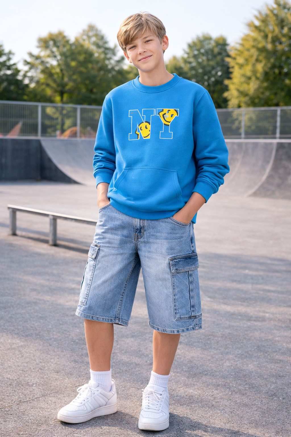 THREE OAKS Jeansshorts Jungen Cargo Jeansshorts Moderne Denim Bermuda mit Cargotaschen Cargo Pockets, Skater Fit, 5pockets Cargo Jeans Short