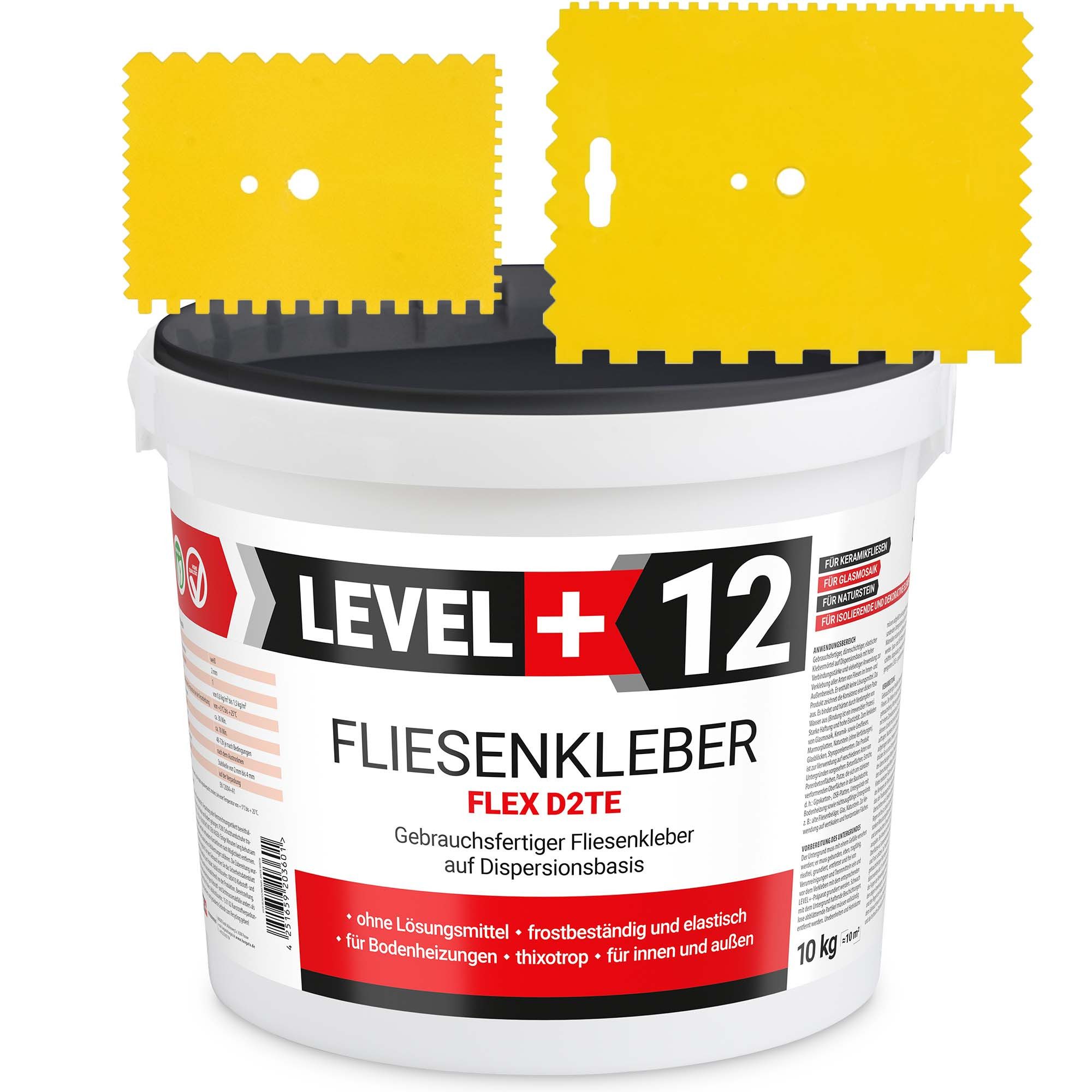 Level+ Fliesenkleber Fliesenkleber Fertig Dispersionkleber L+12 - 10KG + 2St. Zahnspachtel
