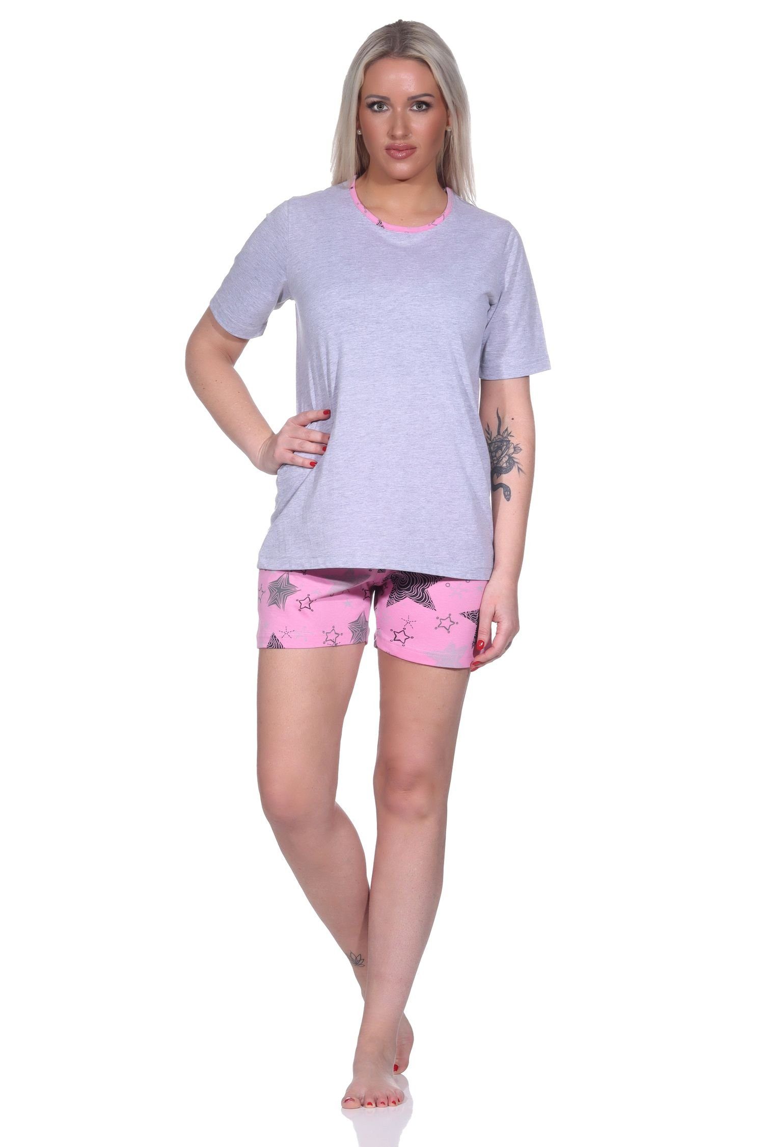 in 10 Damen grau mit Normann Shorts Pyjama Pyjama kurzen Sterne-Optik - 123 Shorty 783