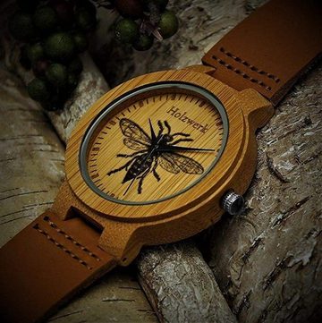 Holzwerk Quarzuhr MY BEE Damen & Herren Holz Uhr mit Leder Armband & Biene Muster, braun