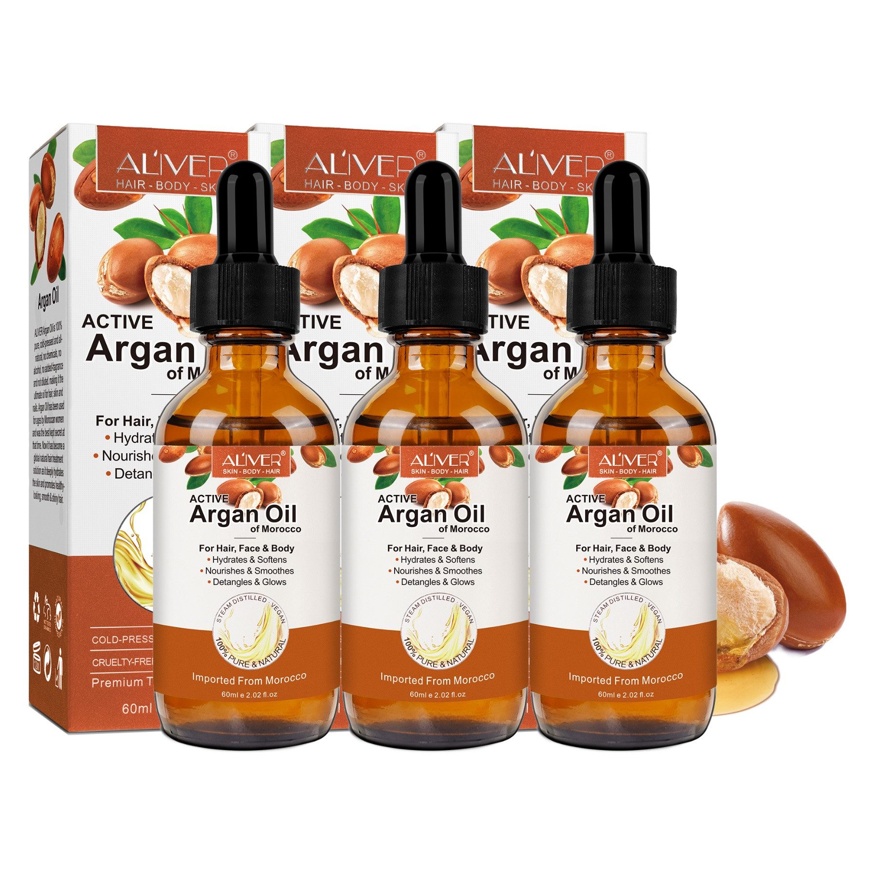ALIVER Haaröl Arganöl Gesicht Haut Haar Nagel Bart Pflege Vegan, 3-tlg., Anti-Frizz, Entwirrend, Feuchtigkeitsspendend