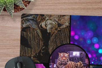 MuchoWow Gaming Mauspad Tiger - Collage - Holz - Orchidee (1-St), Mousepad mit Rutschfester Unterseite, Gaming, 40x40 cm, XXL, Großes