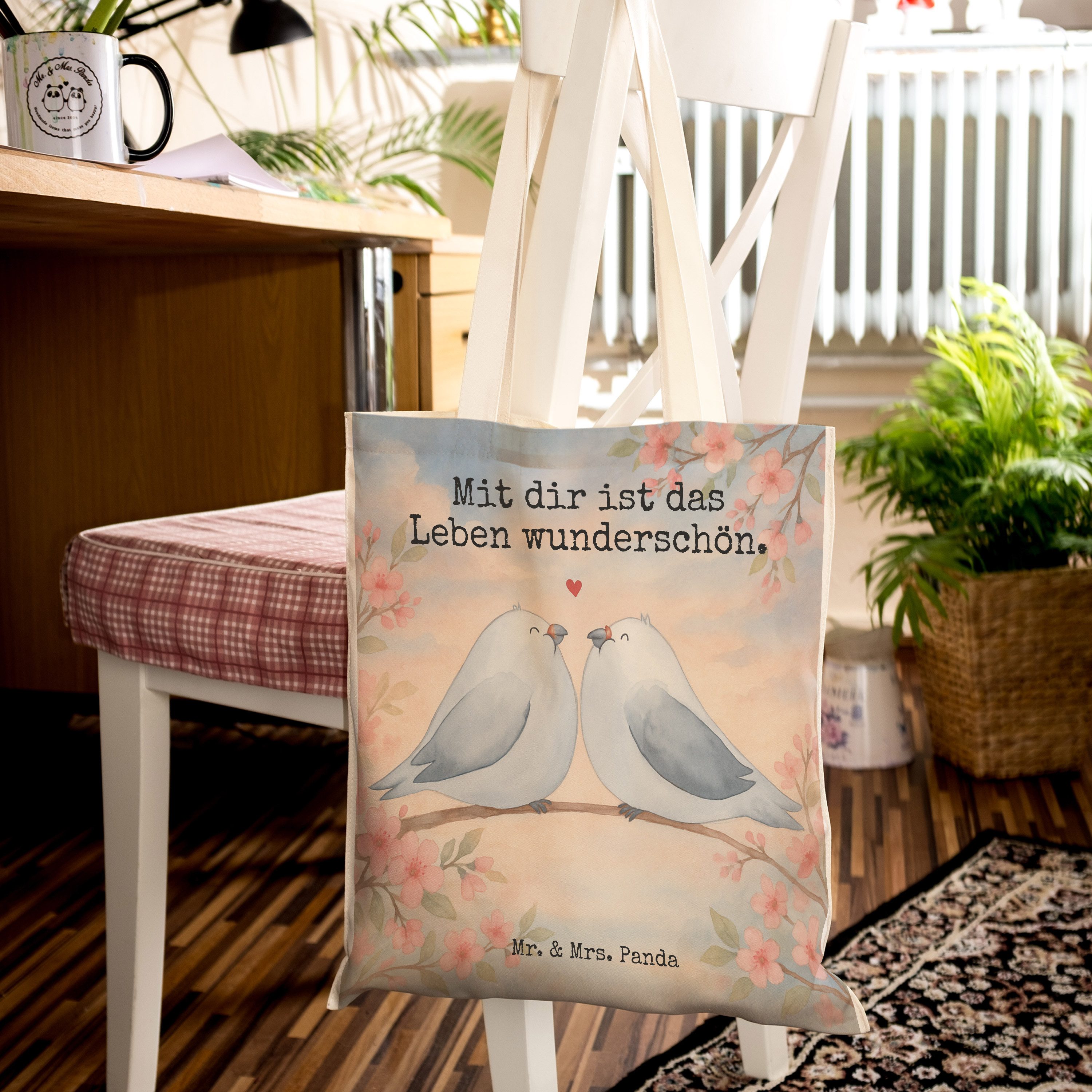 Mr. & Mrs. Panda Tragetasche Turteltauben Liebe Design, Tote Bag, Weiß, Tauben, Jahrestag, Tasche, (Packung), Geschenk Freizeittasche Jahrestag