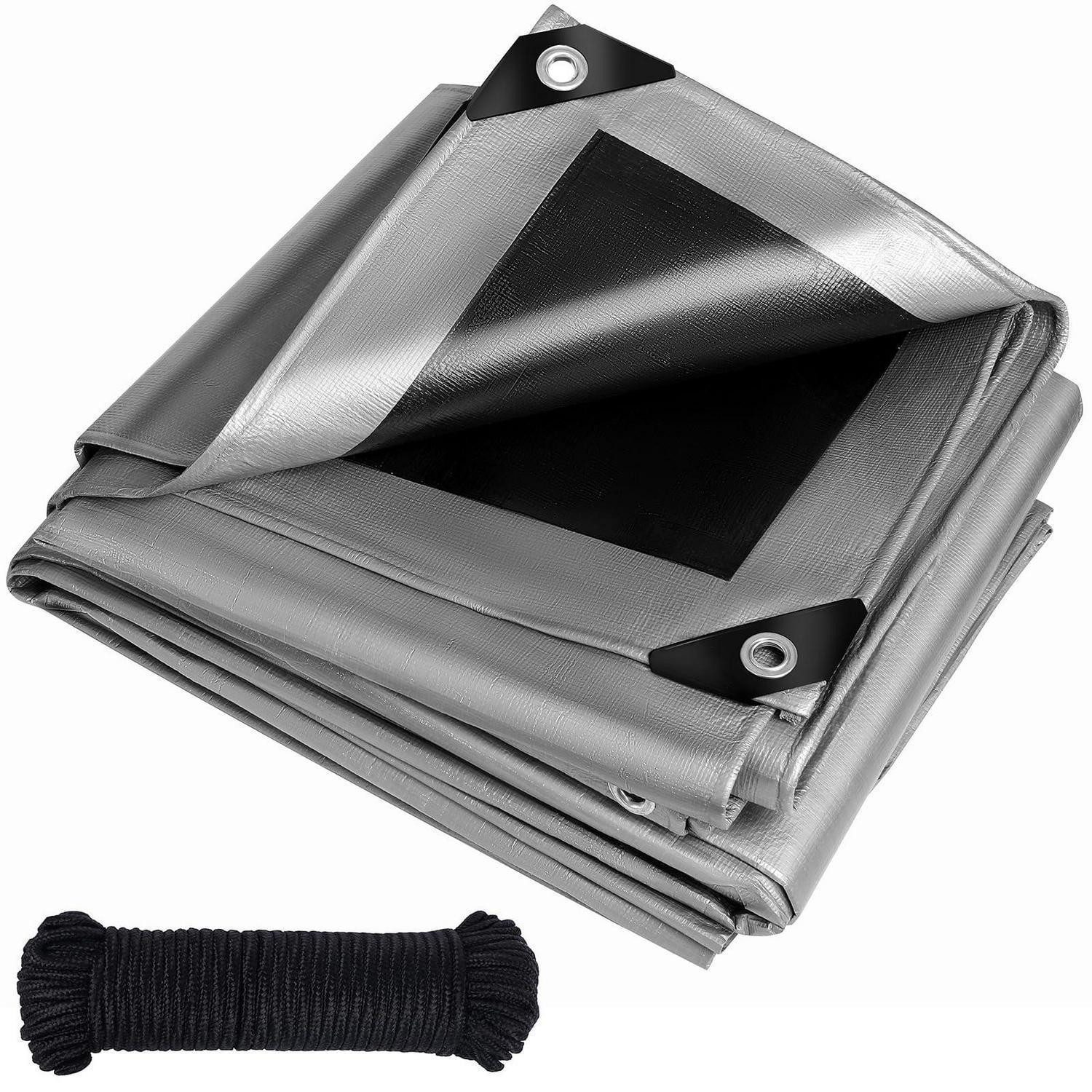 LuxusKollektion Schutzplane Abdeckplane wasserdicht 260g m2 Ösen reißfest 4m X 7m Silber-schwarz