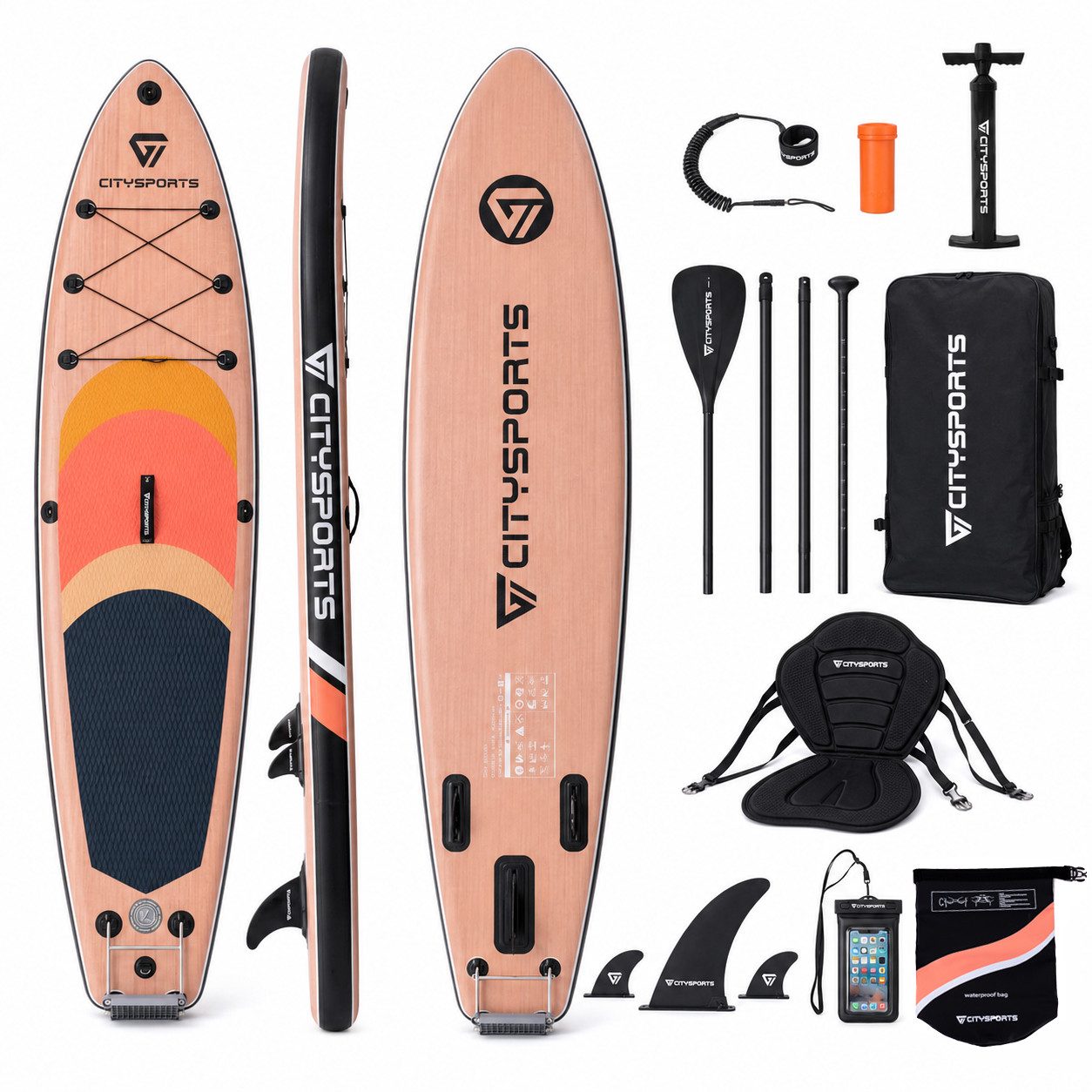 CITYSPORTS Inflatable SUP-Board 320x80x15cm,aufblasbares Stand Up Paddle Board set bis 160 kg, Komplettset mit Paddel, Pumpe, Rucksack, Leash, Finnen & Kajak-Sitz