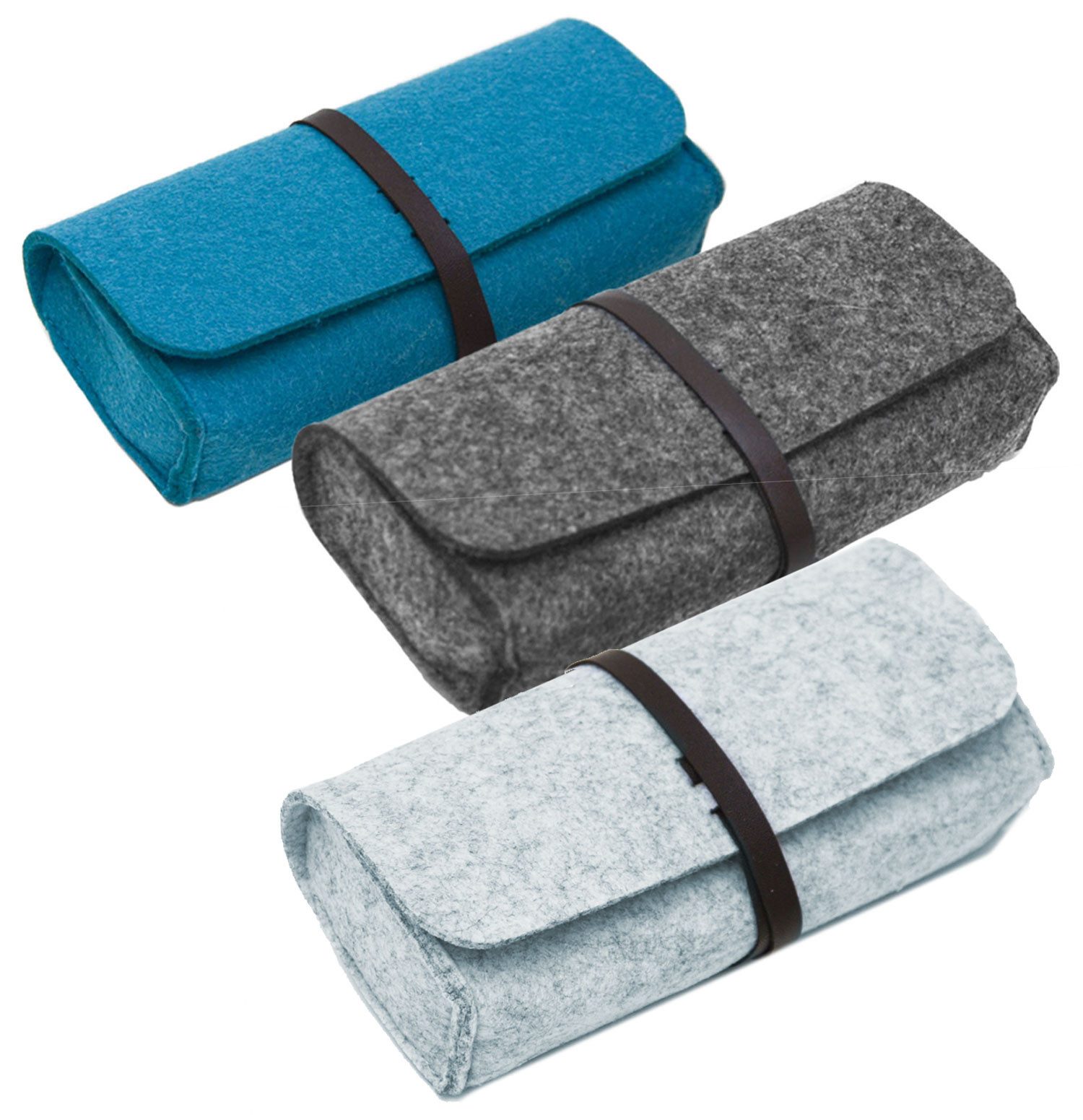 DuneDesign Brillenetui 3er Set Filz Brillentasche Weich mit Lederband - Reiseetui für Brillen, 17 x 3,5 x 8 cm Brillenhülle für Sonnenbrillen - Damen & Herren Etui