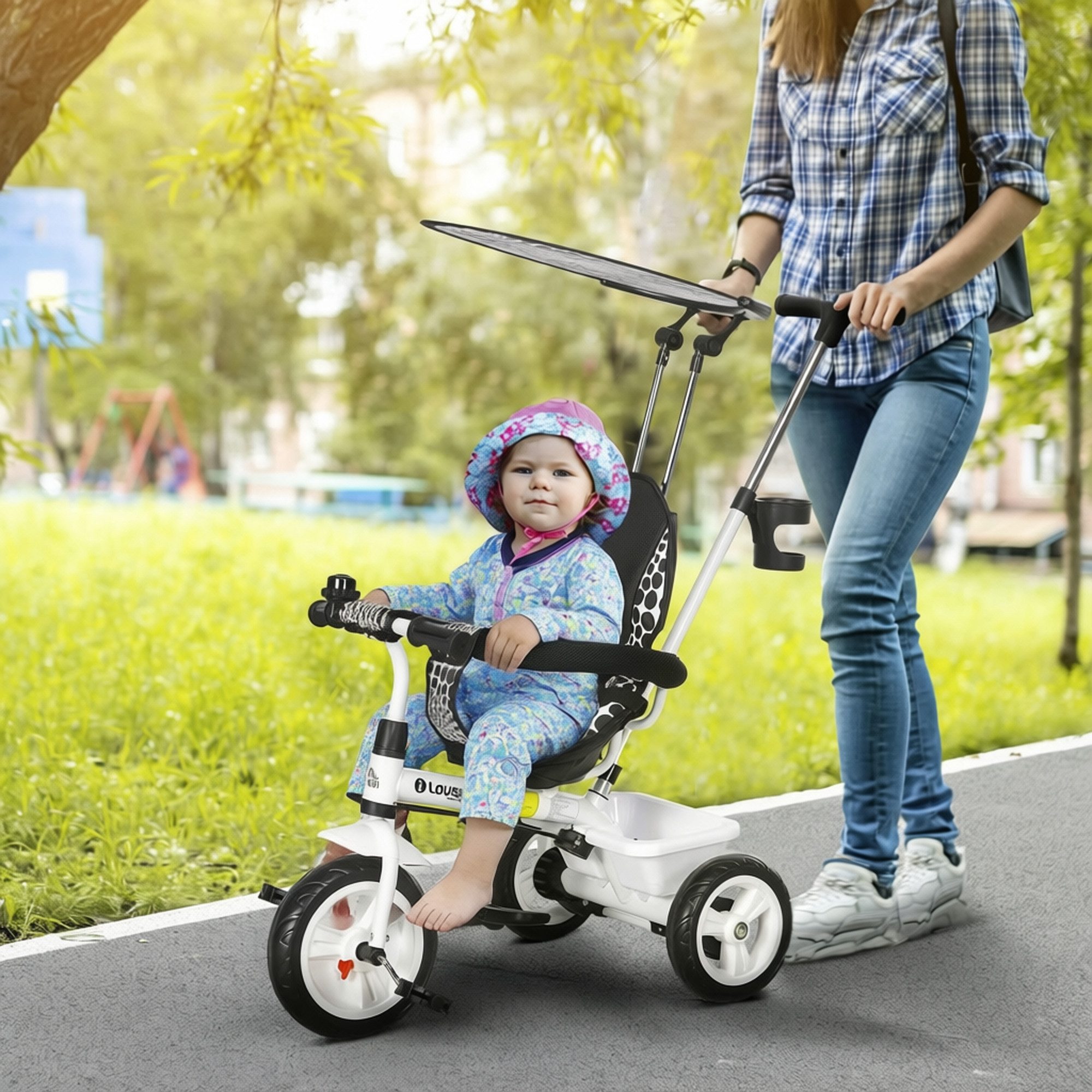 HOMCOM Dreirad 6-in-1 mit Schubstange Kinderdreirad mit abnehmbarem Sonnendach, für 12-60 Monate, Weiß