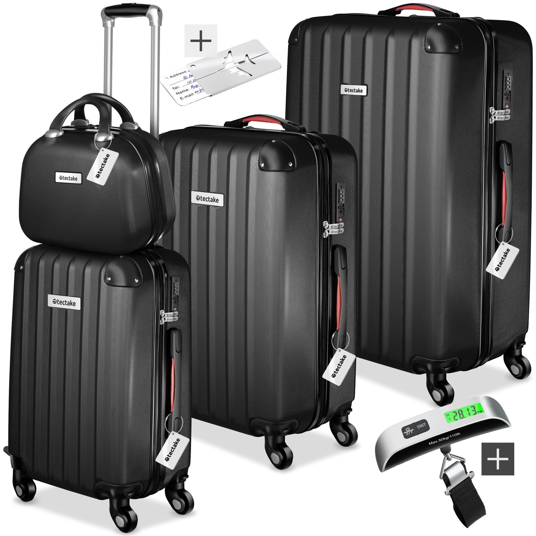 tectake Trolley Hartschalenkoffer-Set 9-teilig mit Kofferwaage und TSA-Zahlenschloss, 4 Rollen, mit Teleskopgriff, 360° drehbare, abnehmbare Rollen, abteilbar