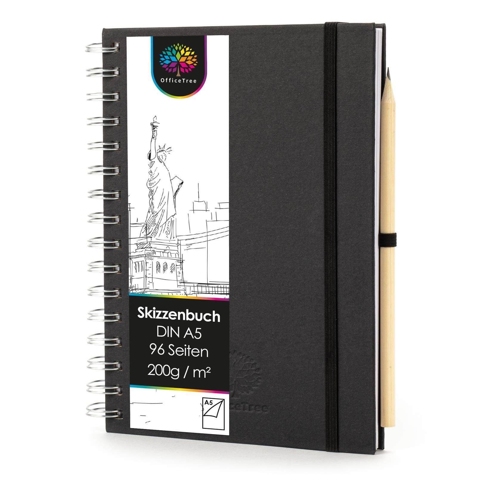 OfficeTree Skizzenbuch OfficeTree Skizzenbuch Stift A5 48 Weißes Sketchbook - Blätter 96 hoch Stiftehalter, Blanko mit Verschluss, Papier Seiten 200g und 