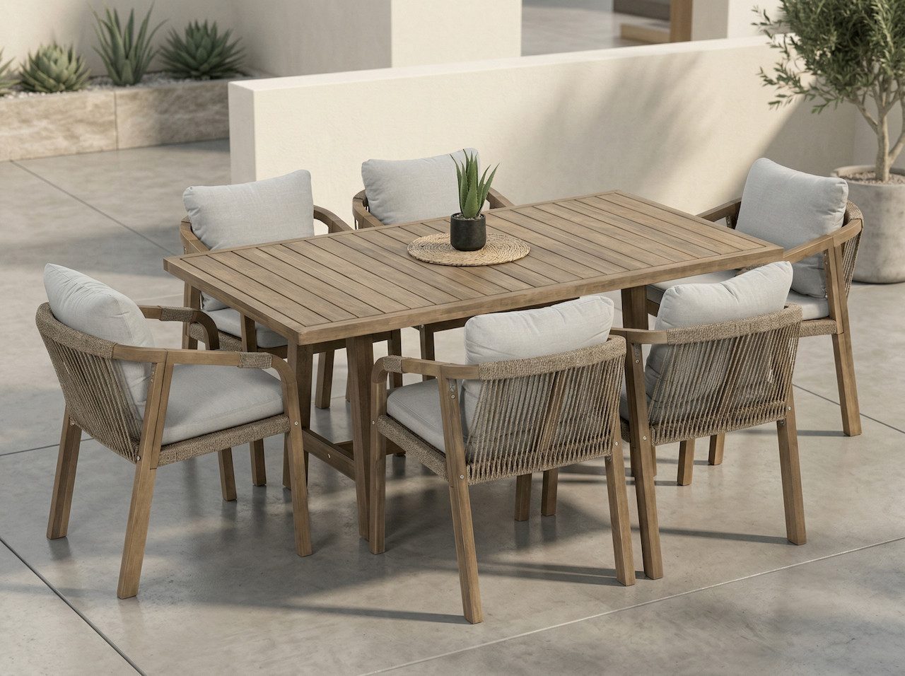 furrore Garten-Essgruppe "MARIGOLD 6+1", 6-Sitzer + Ecktisch, handgeflochtene Rope Rückenlehnen, (7-tlg), mit Sitzkissen, Geflecht, Gartenmöbel-Set