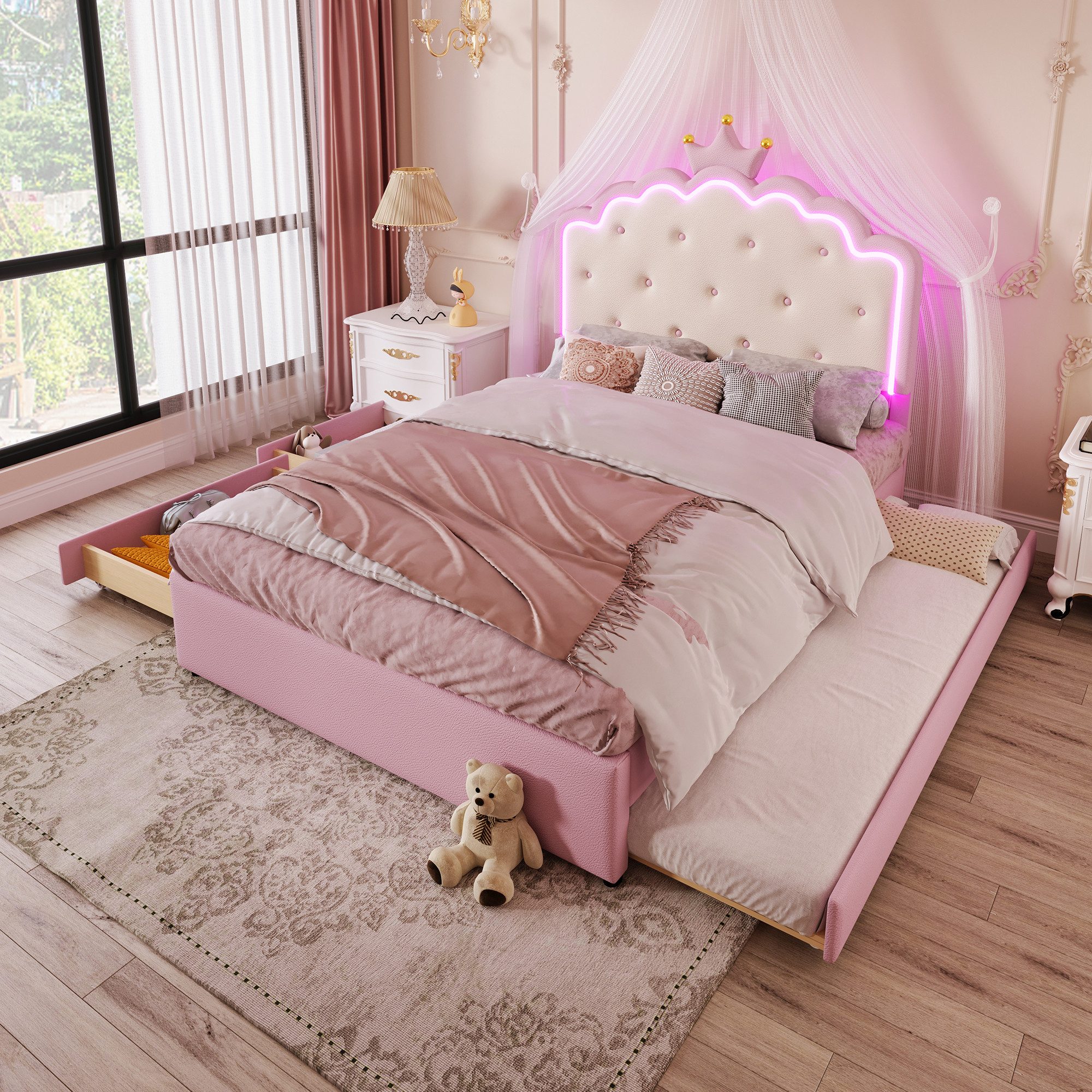 OKWISH Polsterbett Kronprinzessinnen-Design,Jugendbett,mit LED-Umgebungslicht (Polsterbett 140x200 cm mit Lattenrost, Prinzessinnenform, LED-Umgebungsbeleuchtung mit Fernbedienung, Ausziehbett und 2 Schubladen, Rosa – für Kinderzimmer & Jugendzimmer, multifunktional und platzsparend, 140 x 200 cm), ohne Matratze