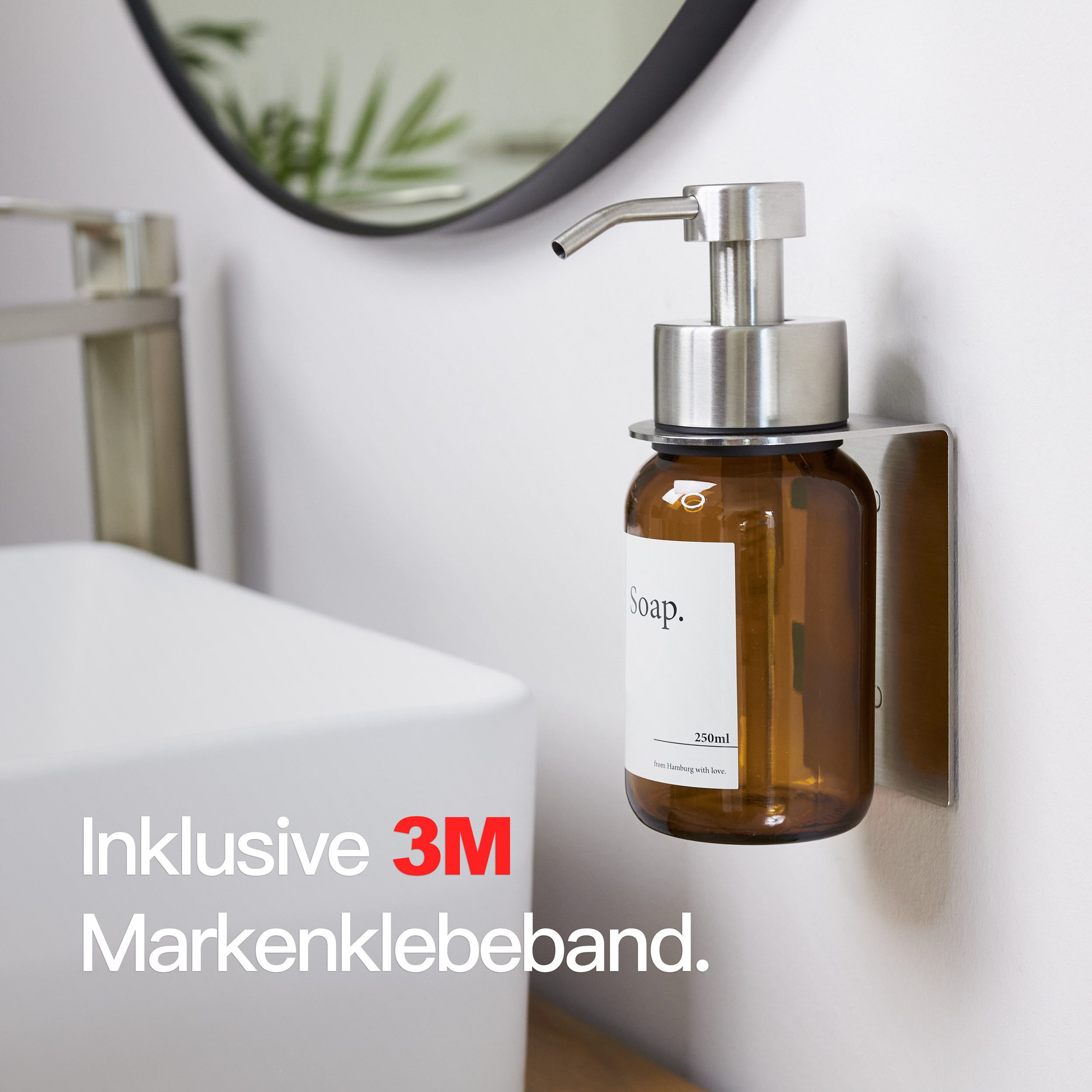 Designfabrik Hamburg Seifenspender Wandmontage ohne Bohren 250 ml, Pumpspender für Flüssigseife, (1-tlg), Glas & Edelstahl, inkl. Markenklebeband für besonders starken Halt