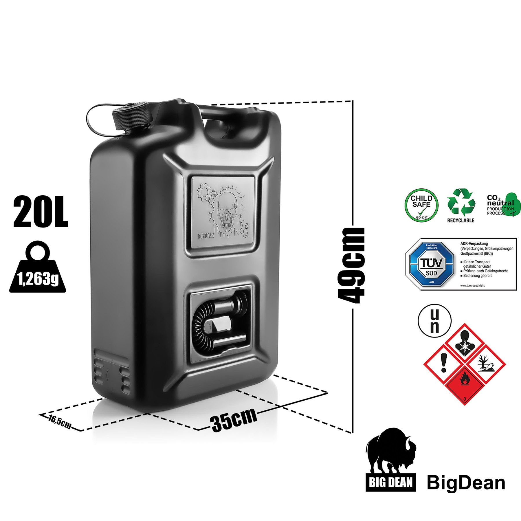 BigDean Benzinkanister 20L mit flexiblem Ausgießer - Kanister für Benzin, Diesel & AdBlue (Set, 1 St., Kanister + Ausgiesrohr), UN-Zulassung, Höchste Sicherheitsanforderung, Sicherheitsverschluss