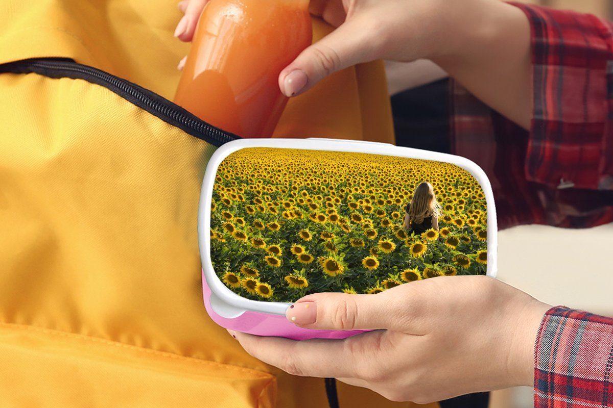MuchoWow Lunchbox Kunststoff Sonnenblume (2-tlg), Frau Erwachsene, Kinder, Kunststoff, - Snackbox, Brotdose Frühling, für Mädchen, - Brotbox rosa