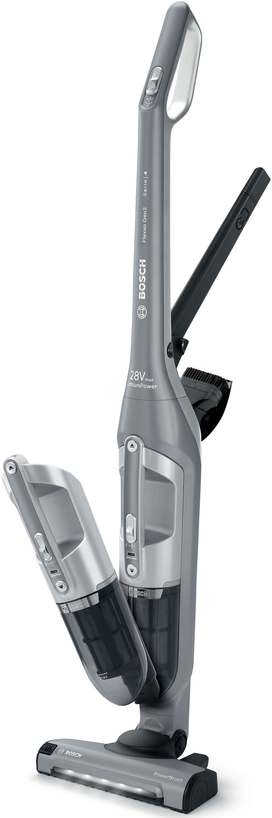 BOSCH Akku-Hand-und Stielstaubsauger Flexxo Gen 2 Serie 4 BBH3K2801, beutellos, 28 V, Power Düse mit LED, integriertes Zubehör, silber