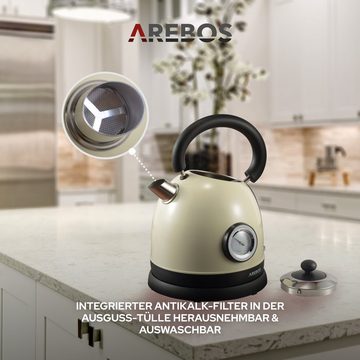 Arebos Wasserkocher Wasserkocher, Edelstahl, Retro Design, 1,8L, 3000W, 3000 W