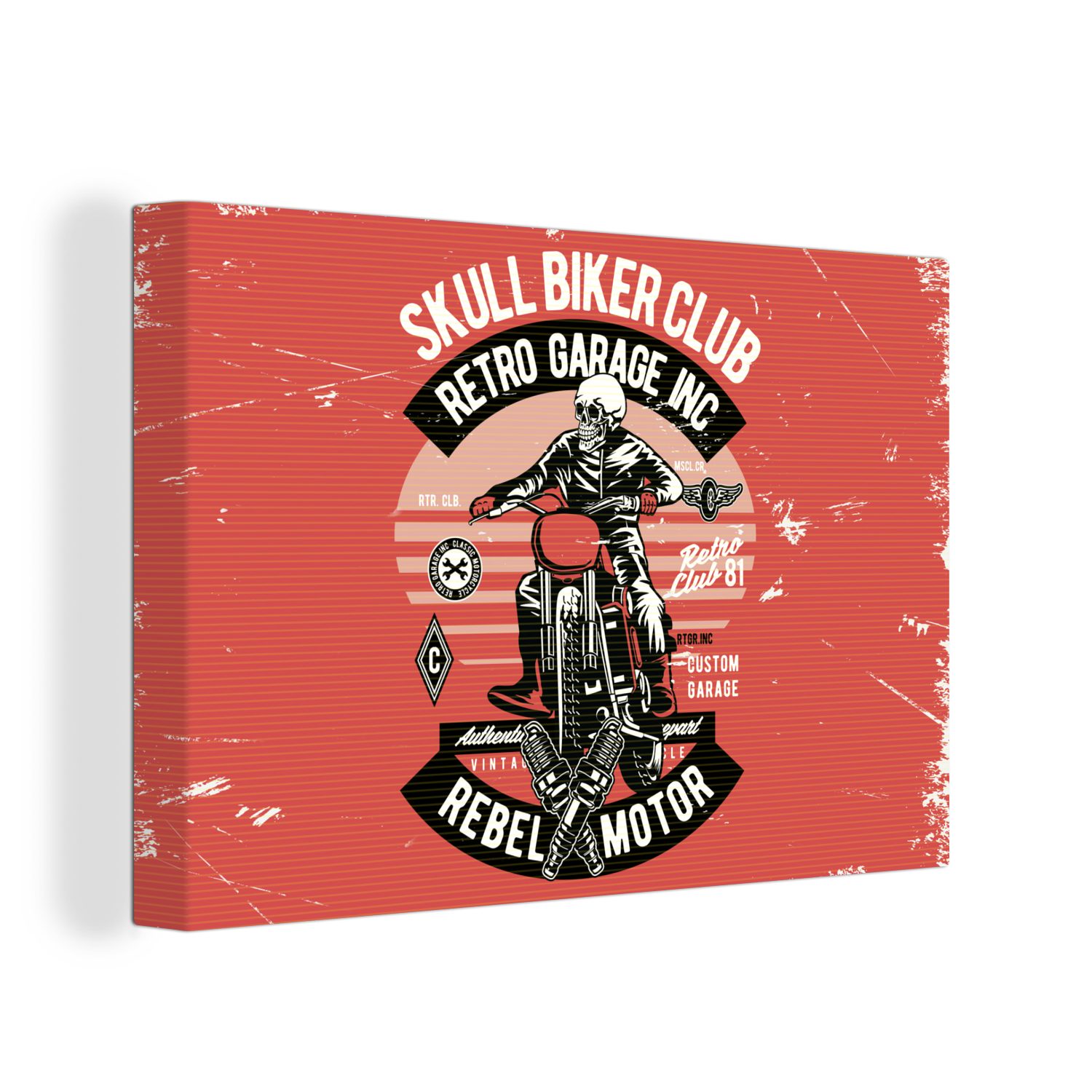 OneMillionCanvasses® Leinwandbild Motorrad - Skelett - Kleidung - Retro, (1 St), Wandbild Leinwandbilder, Aufhängefertig, Wanddeko, 30x20 cm