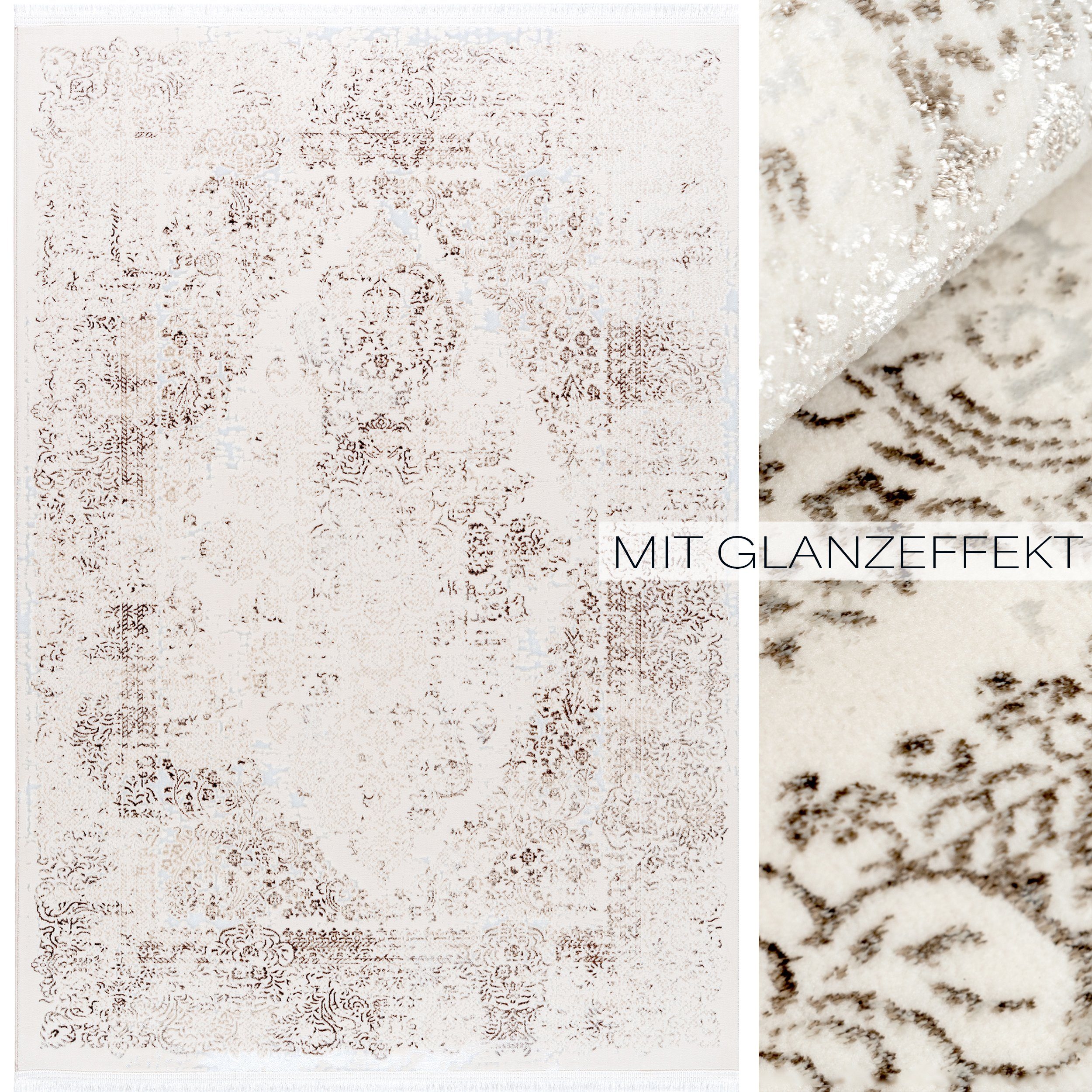 Designteppich Wohzimmer Teppiche Vintage, Mynes Home, rechteckig, Höhe: 6 mm, Glanz-Viskose, mit Fransen, weiß, cream, beige