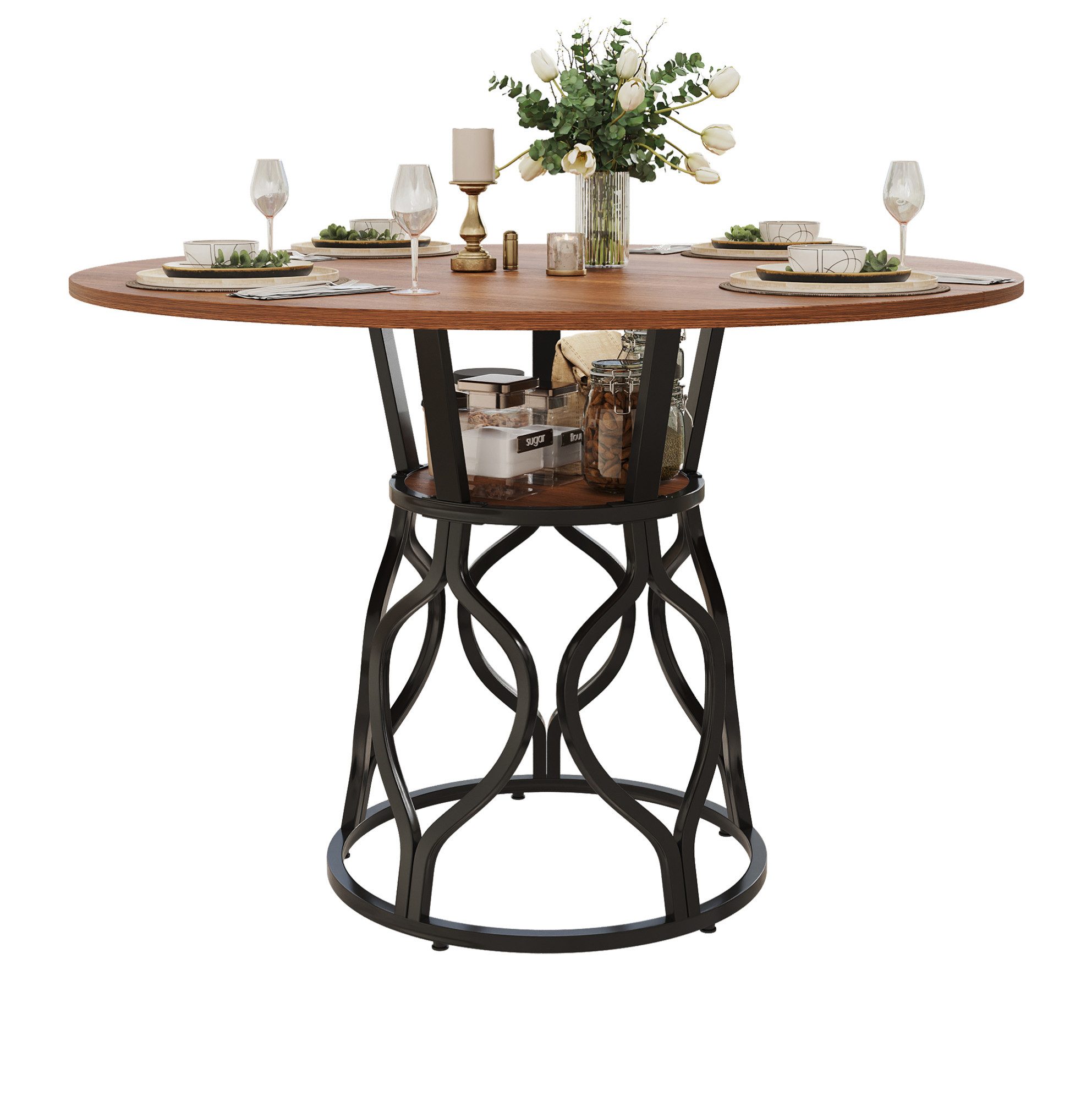 OKWISH Esstisch Runder Tisch mit Ablage & Metallgestell (Packung, 1-St., Walnuss+Schwarz, 100×100×75 cm, für Küche & Esszimmer), MDF, Walnussoptik, stabil, 4–6 Personen
