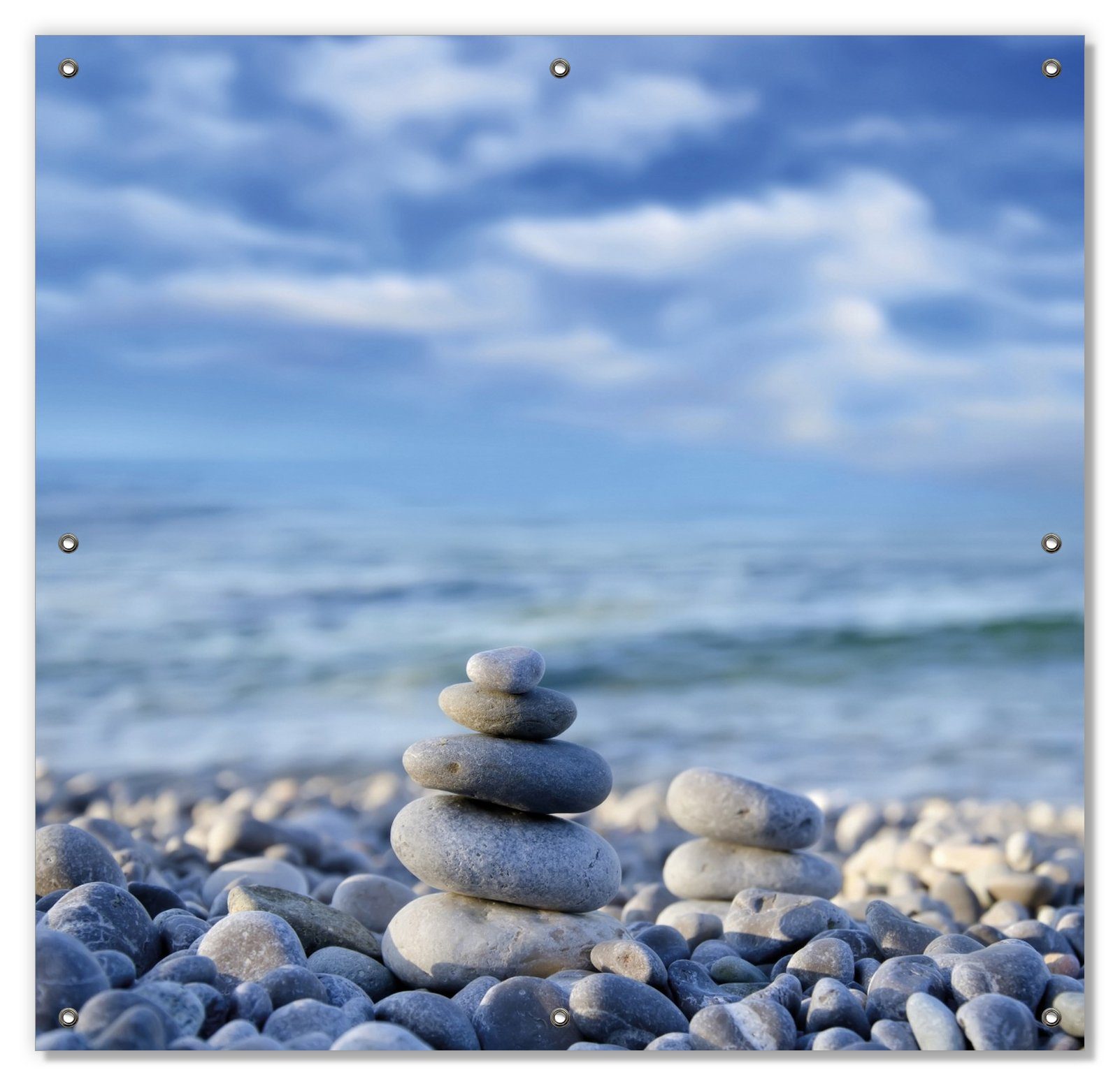 Sonnenschutz Steinstapel am Strand, Wallario, blickdicht, mit Saugnäpfen, wiederablösbar und wiederverwendbar