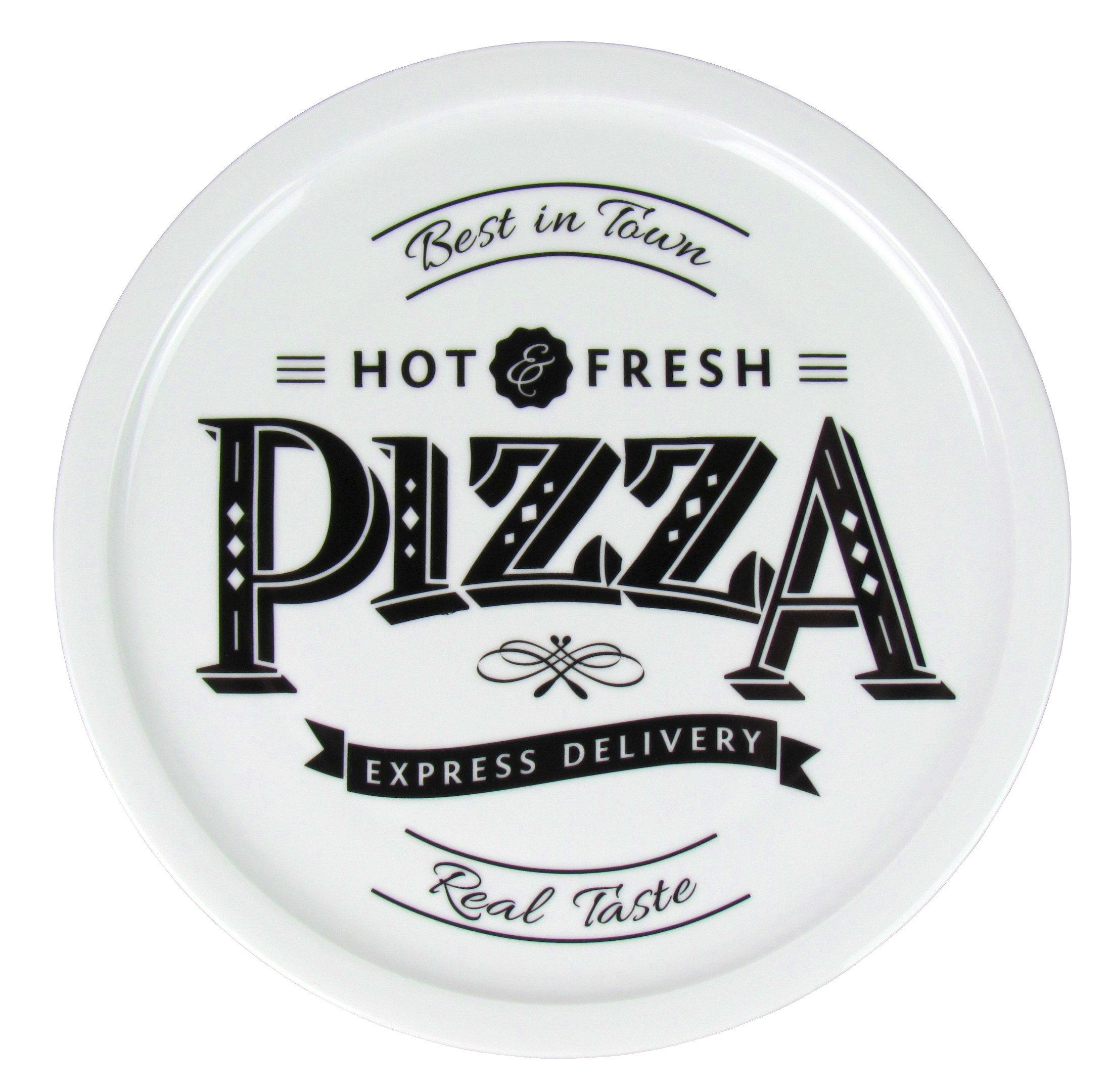 Cosy & Trendy Pizzateller Ø 31cm aus Porzellan mit Retro Pizza Schriftzug, wahlweise inkl. Pizzaschneider