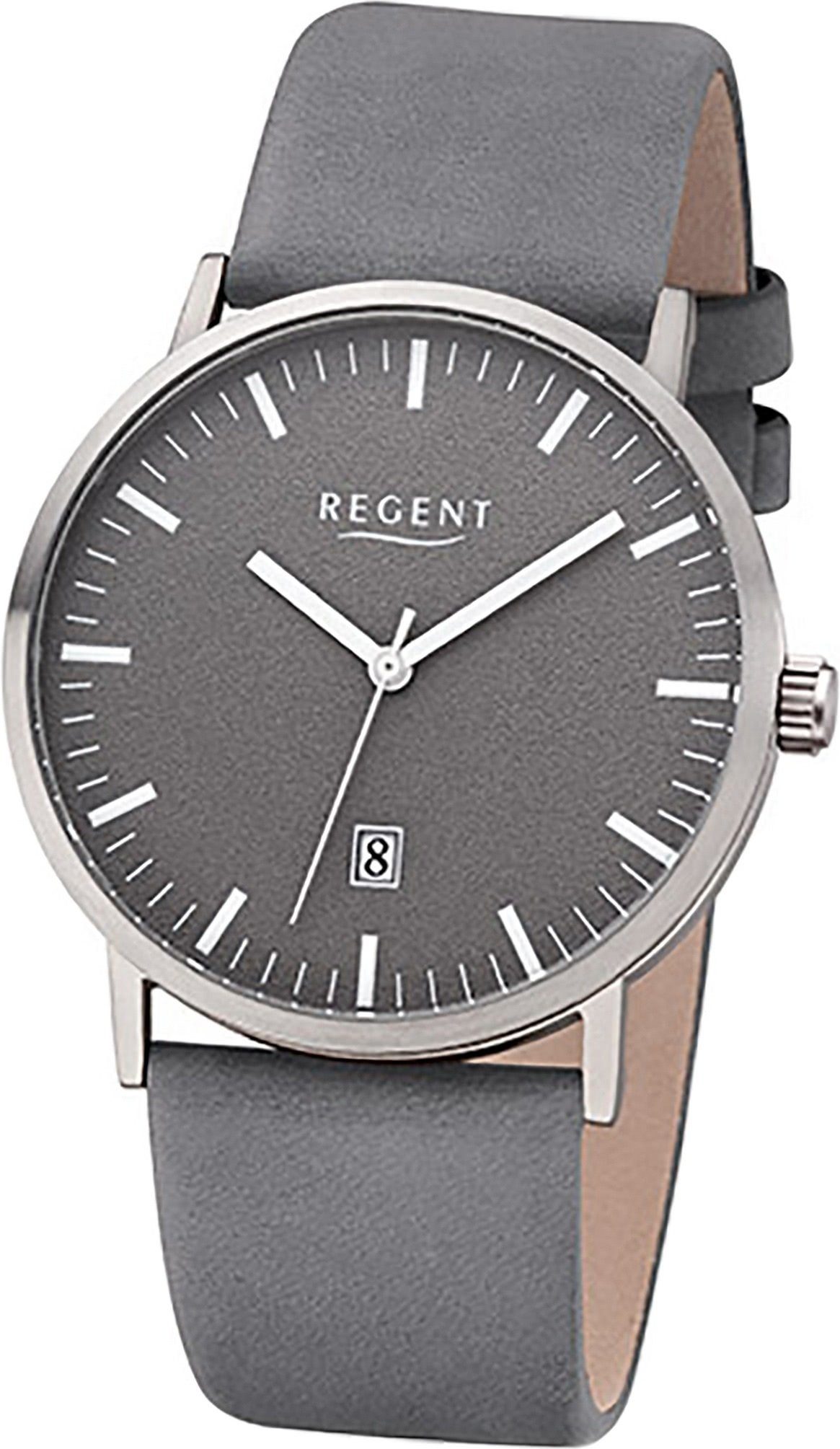 Regent Quarzuhr Regent Leder Herren Uhr F-1234 Analoge, Herrenuhr Lederarmband grau, rundes Gehäuse, mittel (ca. 39mm) | Quarzuhren