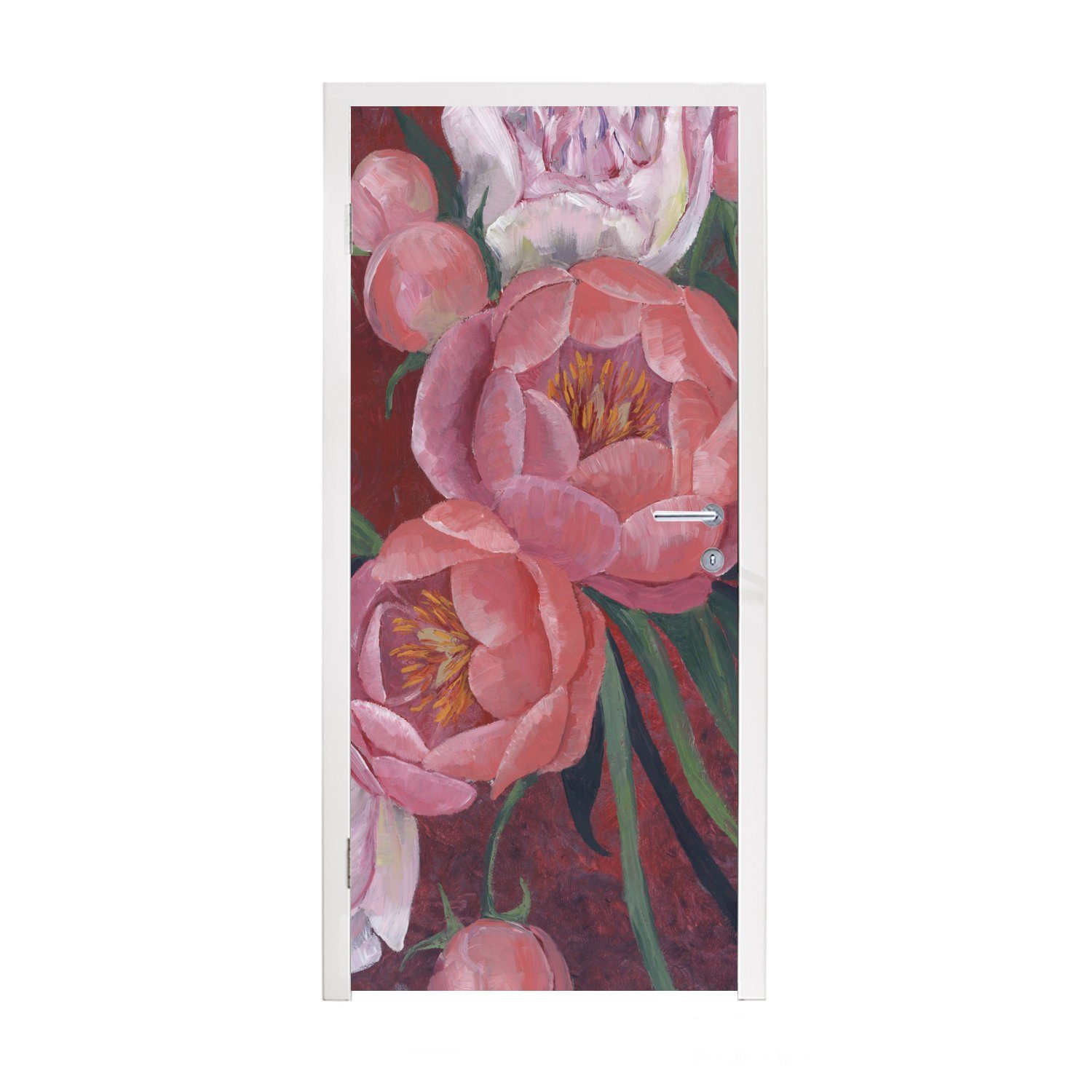 MuchoWow Türtapete Blumen - Rosa - Malerei - Pflanzen, Matt, bedruckt, (1 St), Fototapete für Tür, Türaufkleber, 75x205 cm