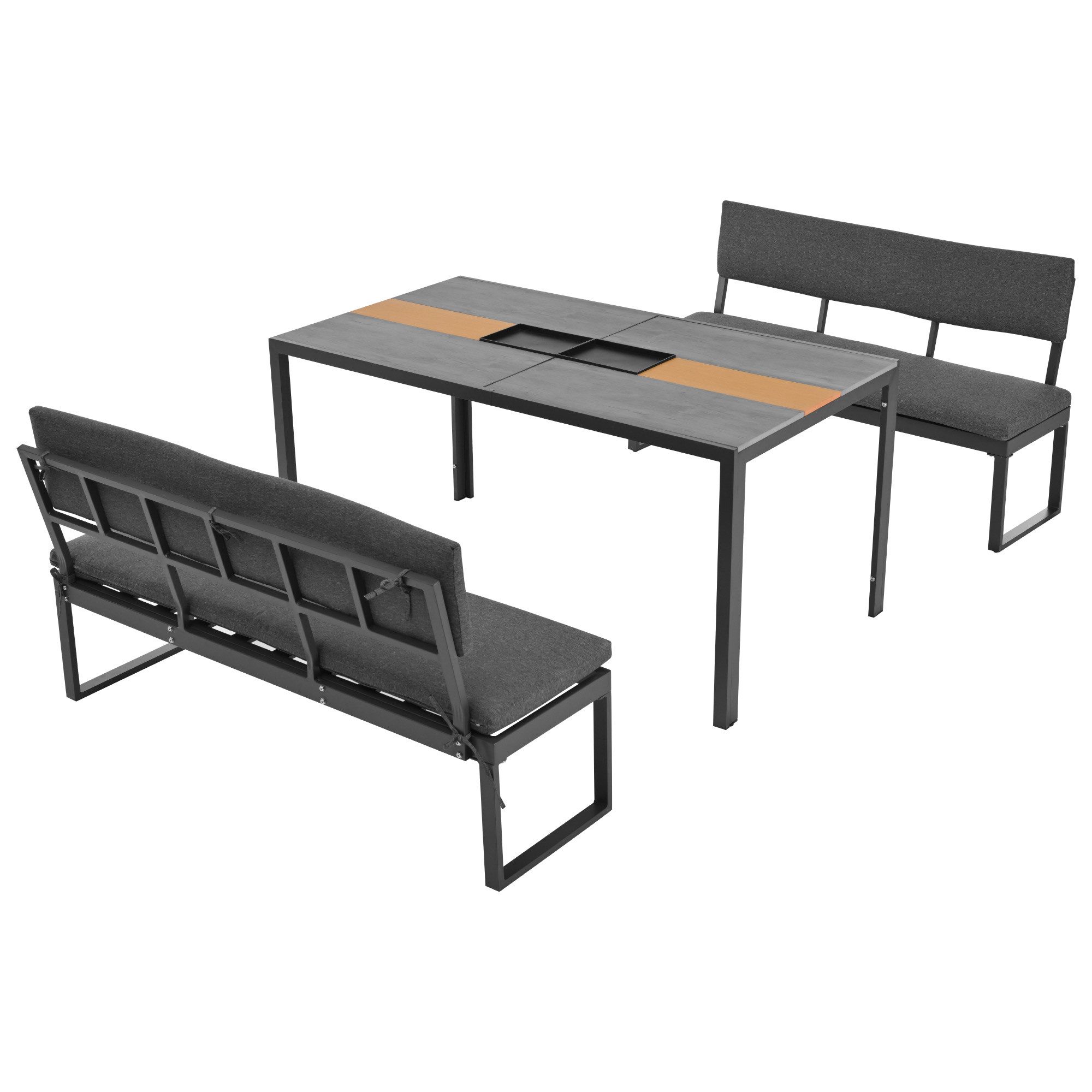 Garten-Essgruppe, (Gartenmöbel Set, 3-tlg., Sitzgruppe für 6 Personen), Gartenlounge Set Aluminium mit 2 Bänke und 1 Esstisch